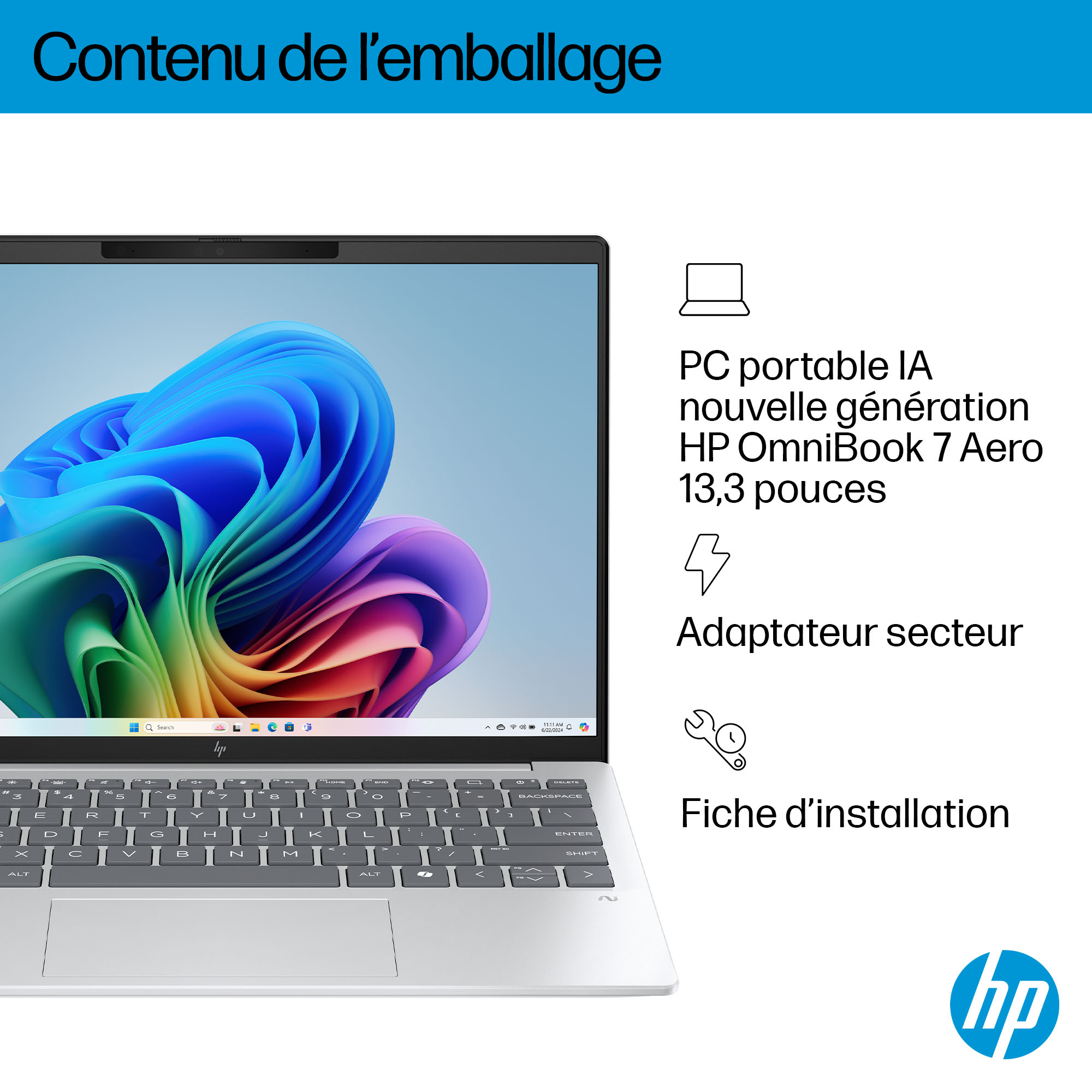 Un ordinateur portable HP argenté ouvert, affichant un fond d'écran et un clavier colorés.