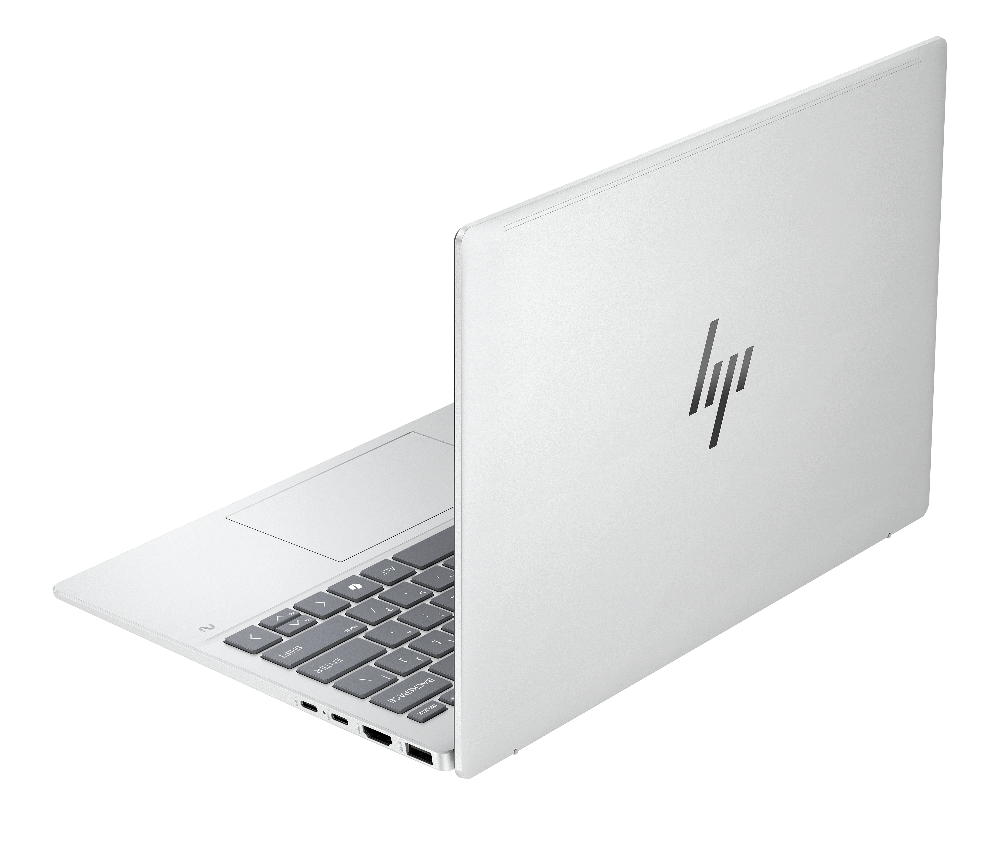 Un ordinateur portable HP blanc avec clavier rétroéclairé et ports.