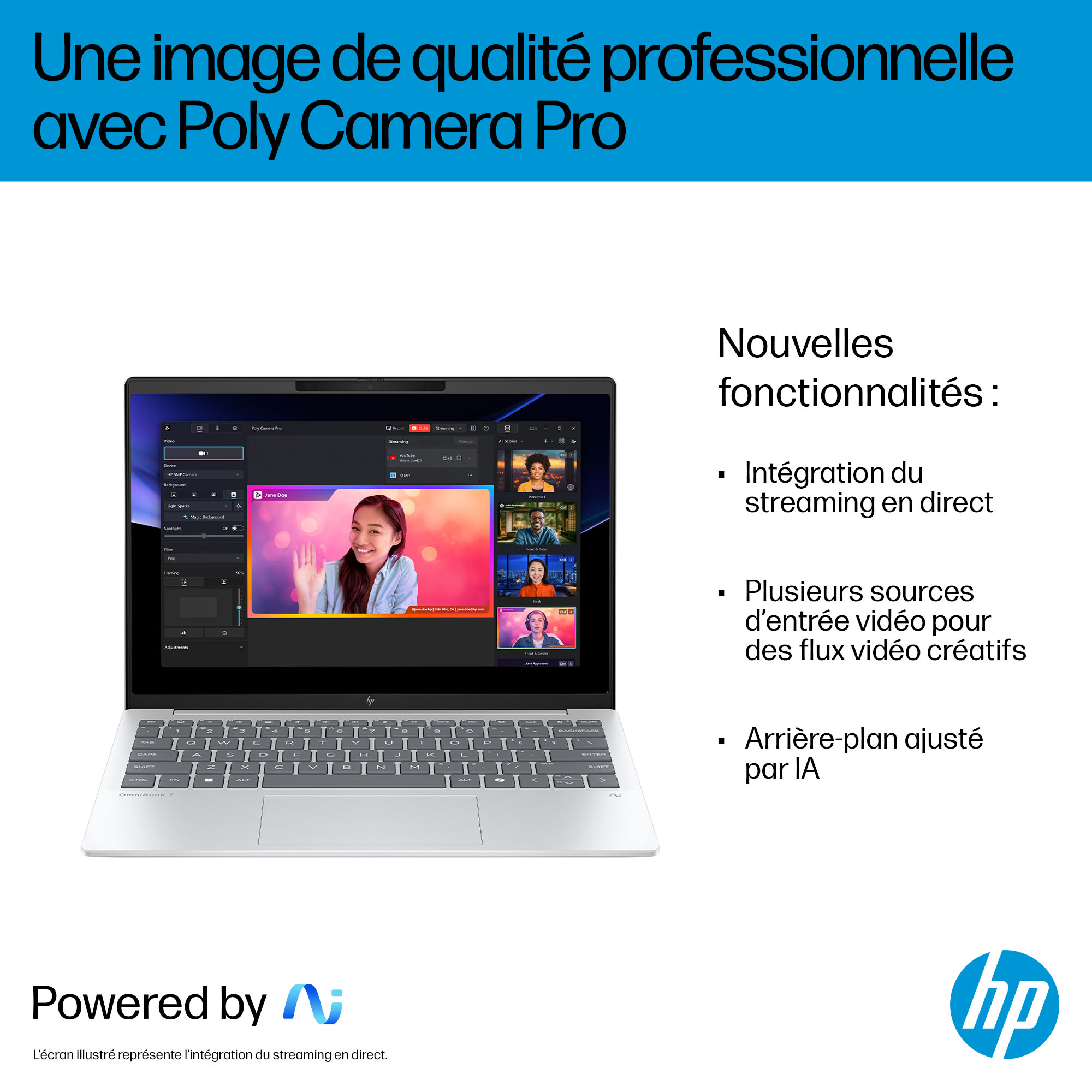 Un portable affiche le logiciel Poly Camera Pro, avec une femme au premier plan.