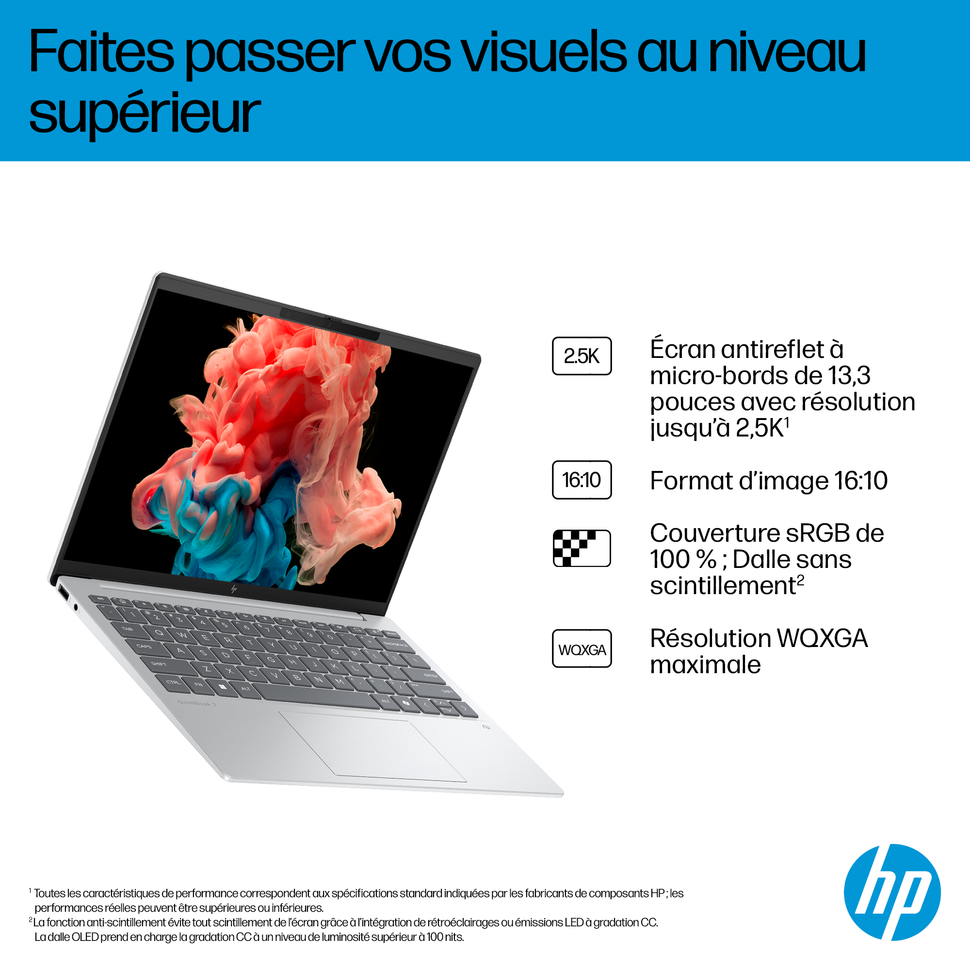 Un ordinateur portable argenté affiche une image abstraite colorée.