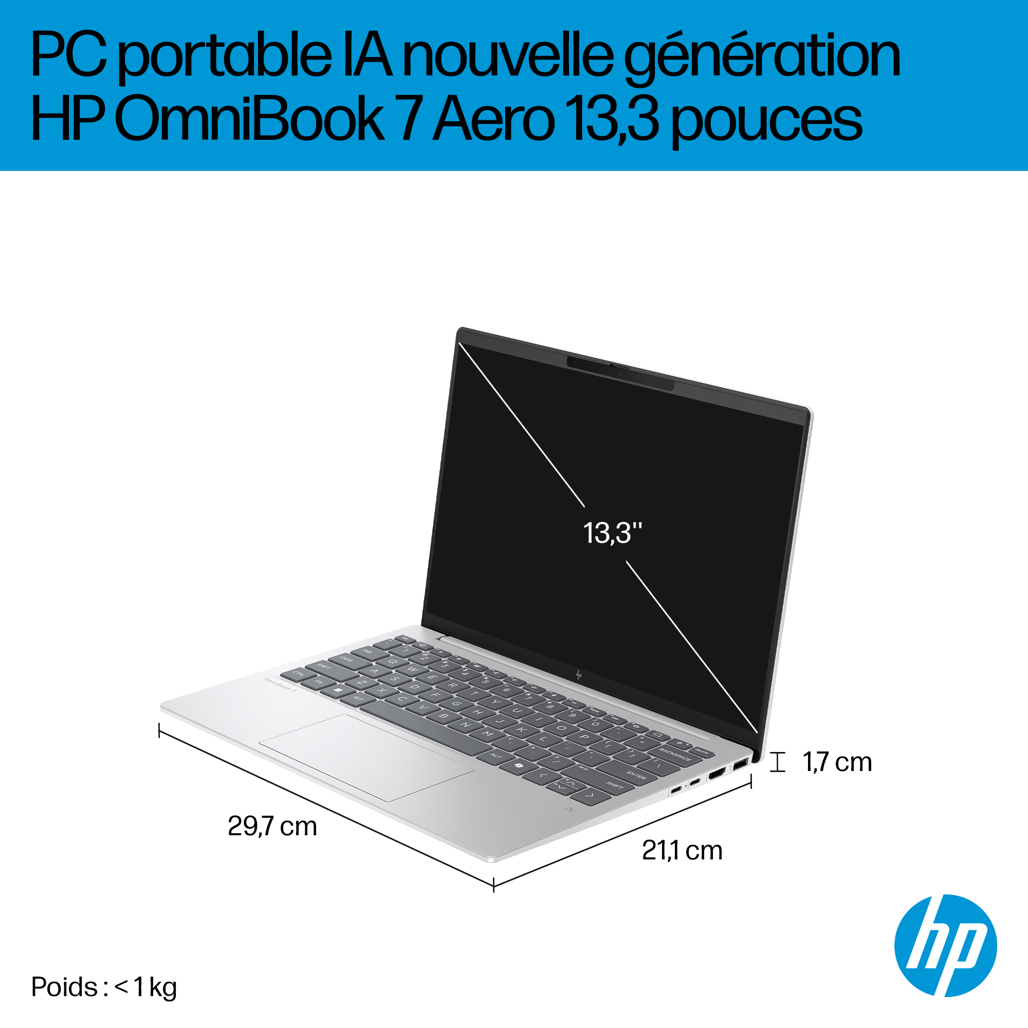 Ordinateur portable HP OmniBook 7 Aero argenté avec écran 13,3 pouces.