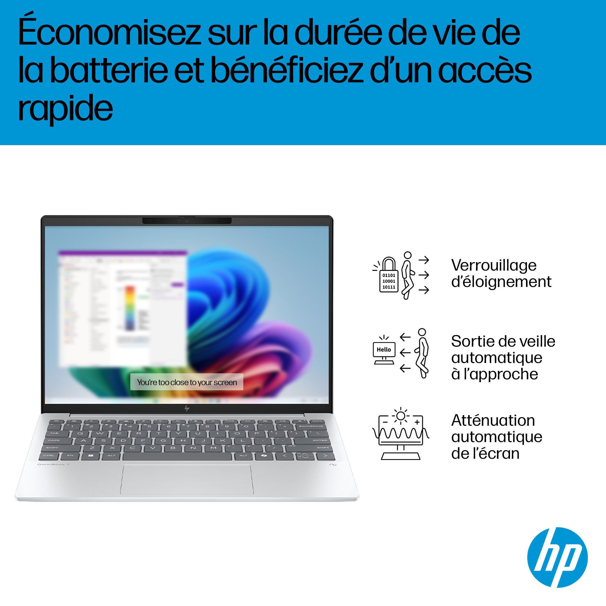 Un ordinateur portable affichant un avertissement à l'écran. Icônes illustrant le verrouillage, le réveil et la mise en veille.