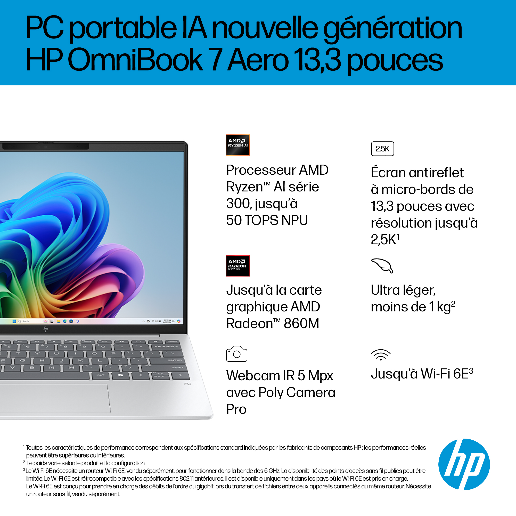 PC portable HP OmniBook 7 Aero avec processeur AMD Ryzen AI, écran 13,3 pouces.