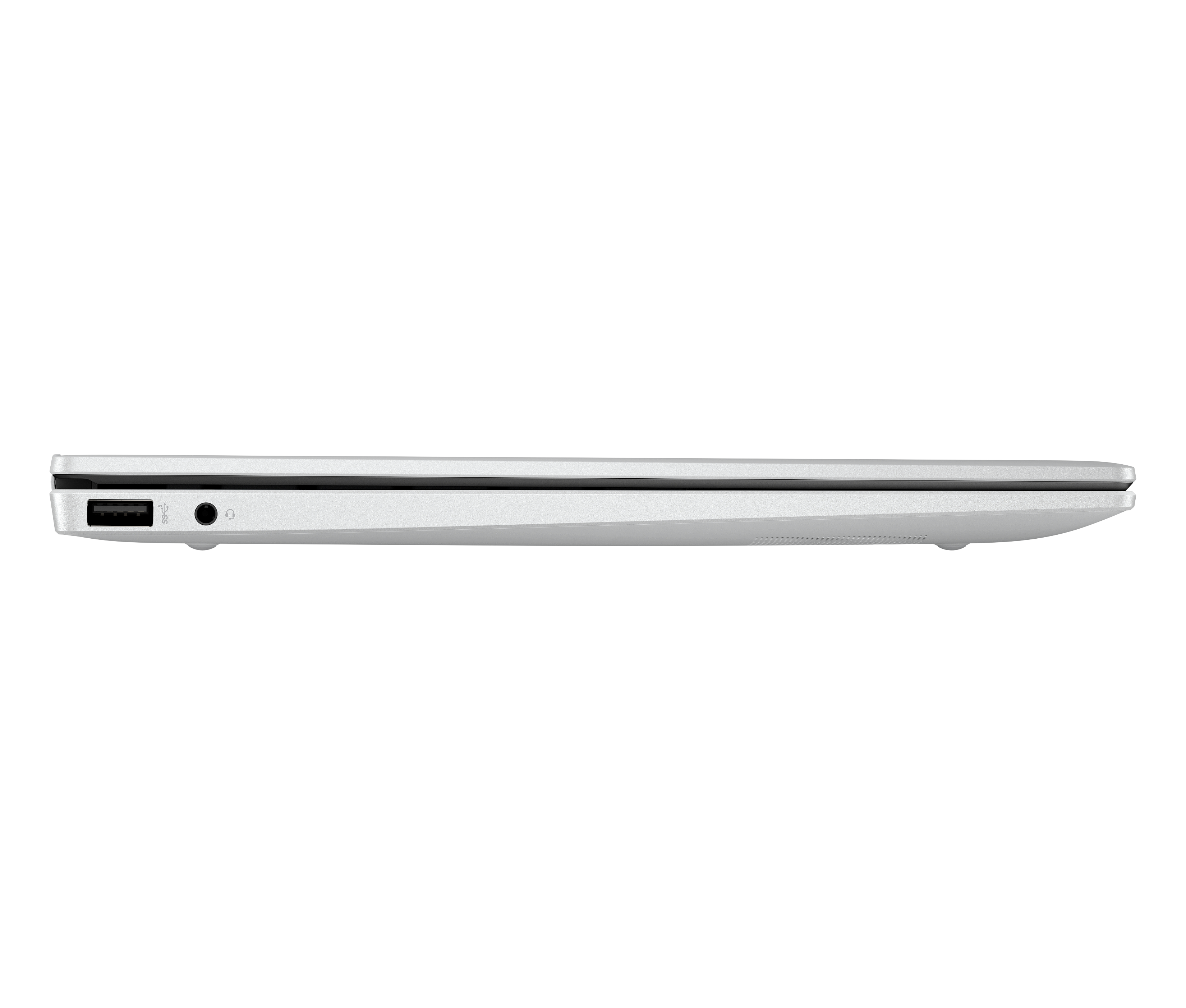 Vue latérale d'un ordinateur portable blanc montrant les ports USB et casque.
