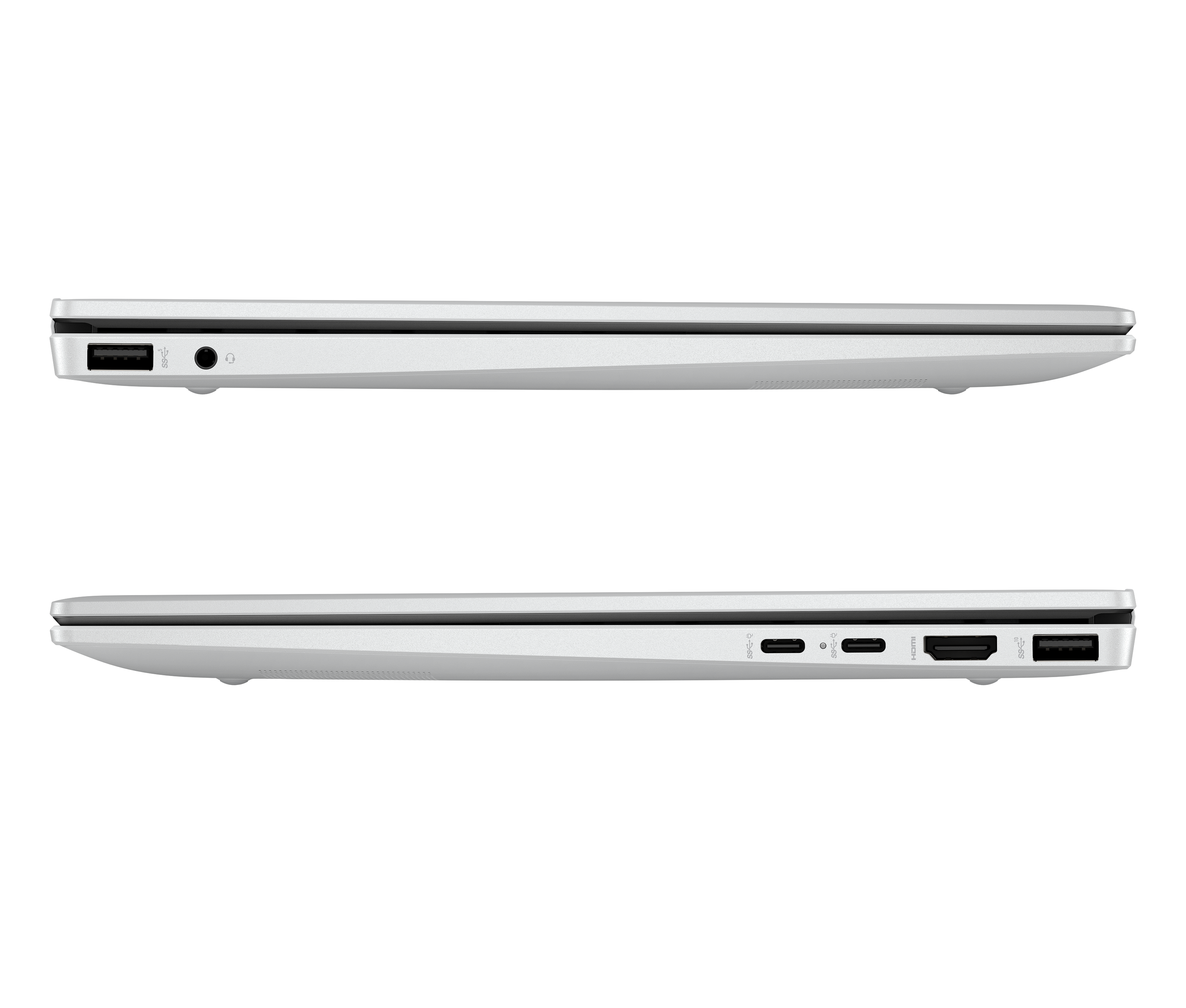 Ordinateurs portables blancs : Bord supérieur avec USB-A et prise casque. Bord inférieur avec USB-C, HDMI, USB-A.