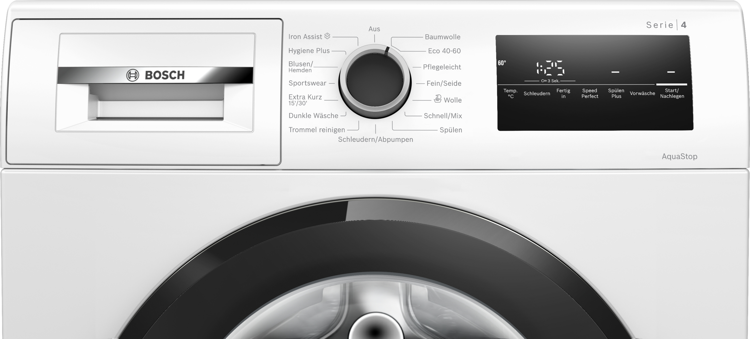 Weiße Bosch Waschmaschine Serie 4 mit Bedienfeld und Display.