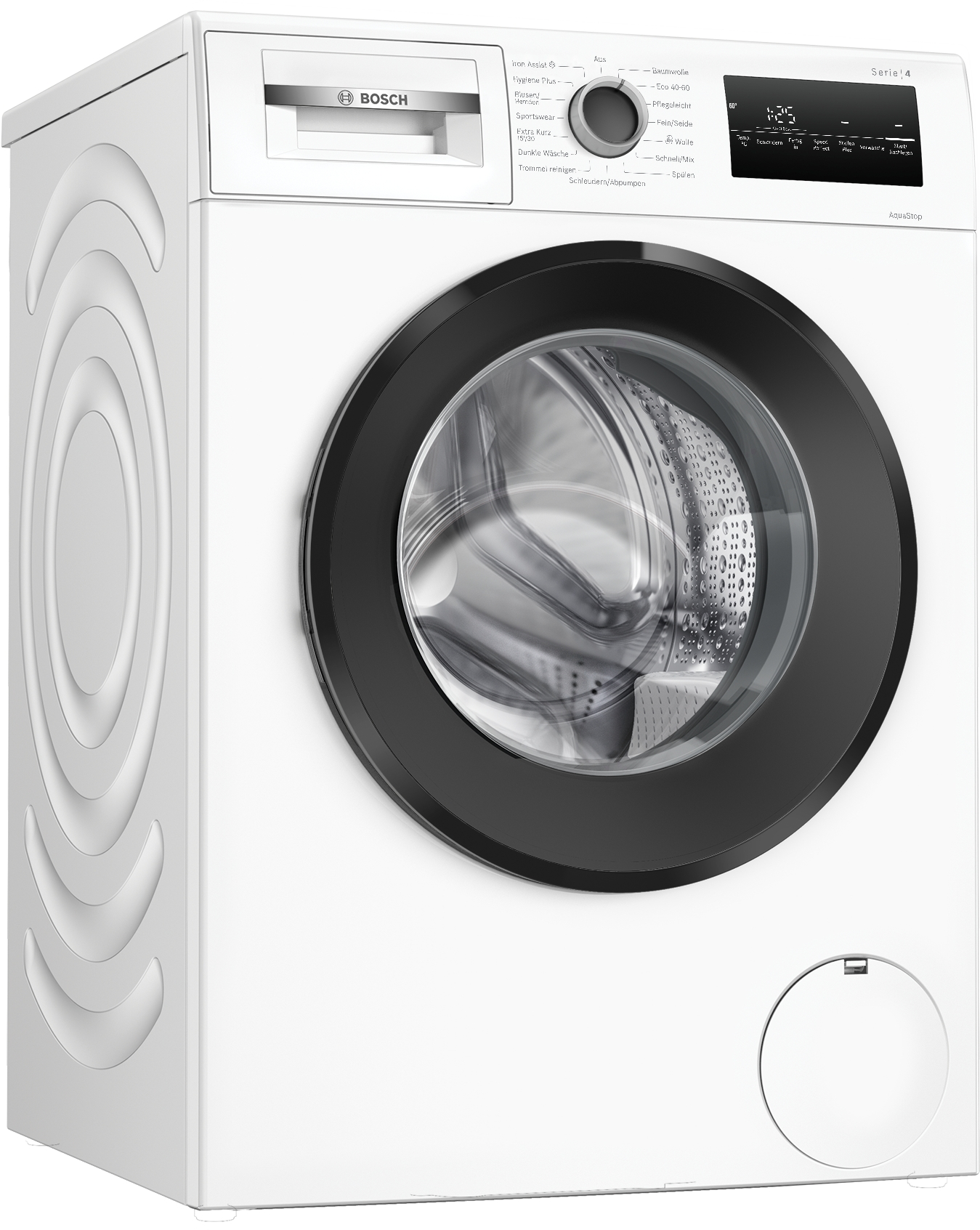 Eine weiße Bosch Waschmaschine Serie 4 mit schwarzer Tür und Display.