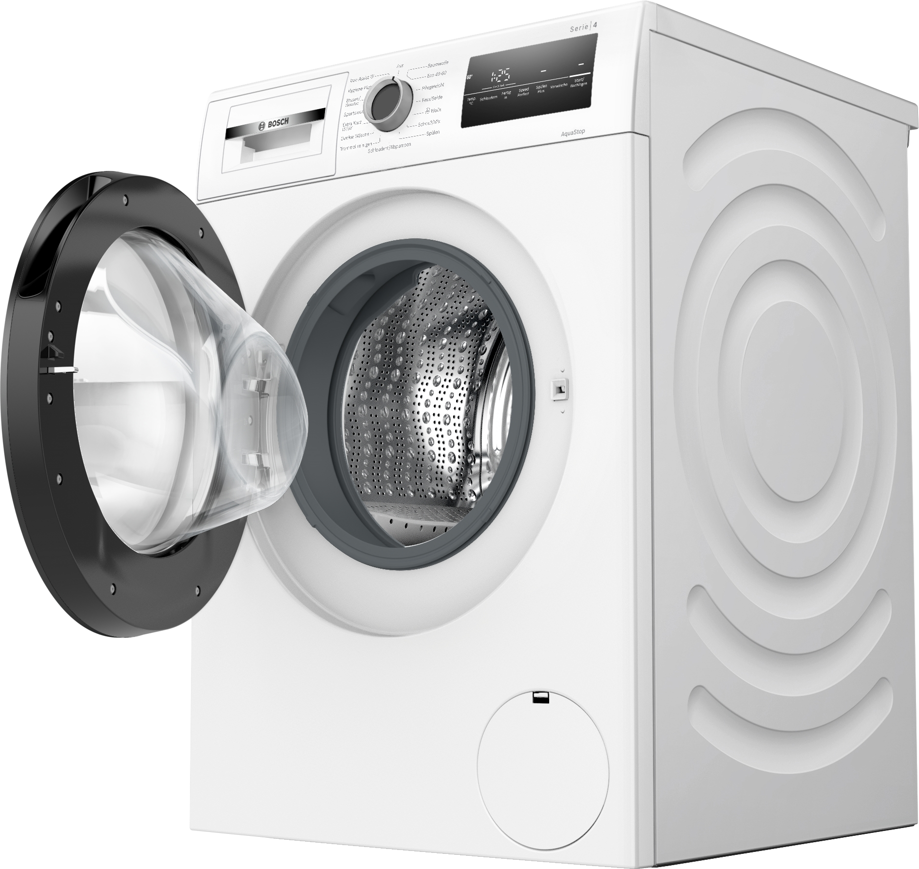 Eine weiße Bosch Waschmaschine mit offener Tür zeigt die Trommel.
