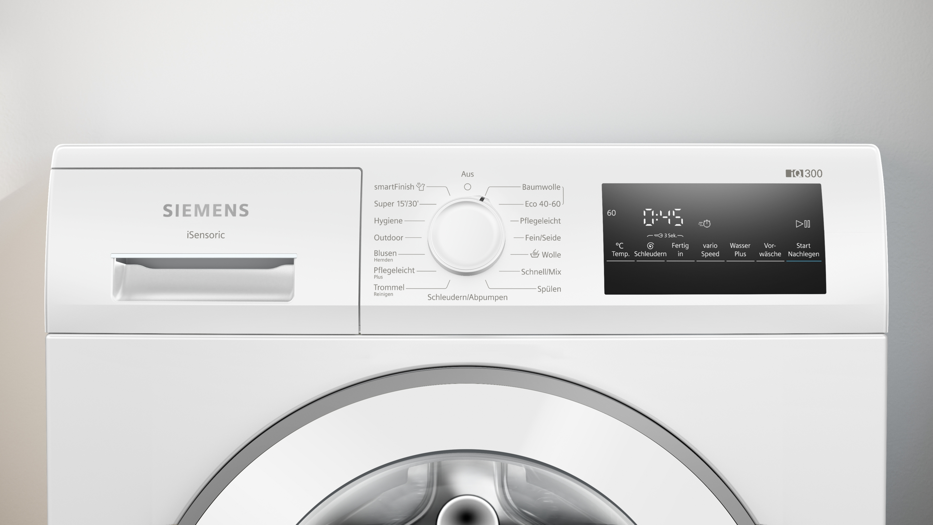 Weiße Siemens Waschmaschine mit digitalem Display und Drehregler für Programme.