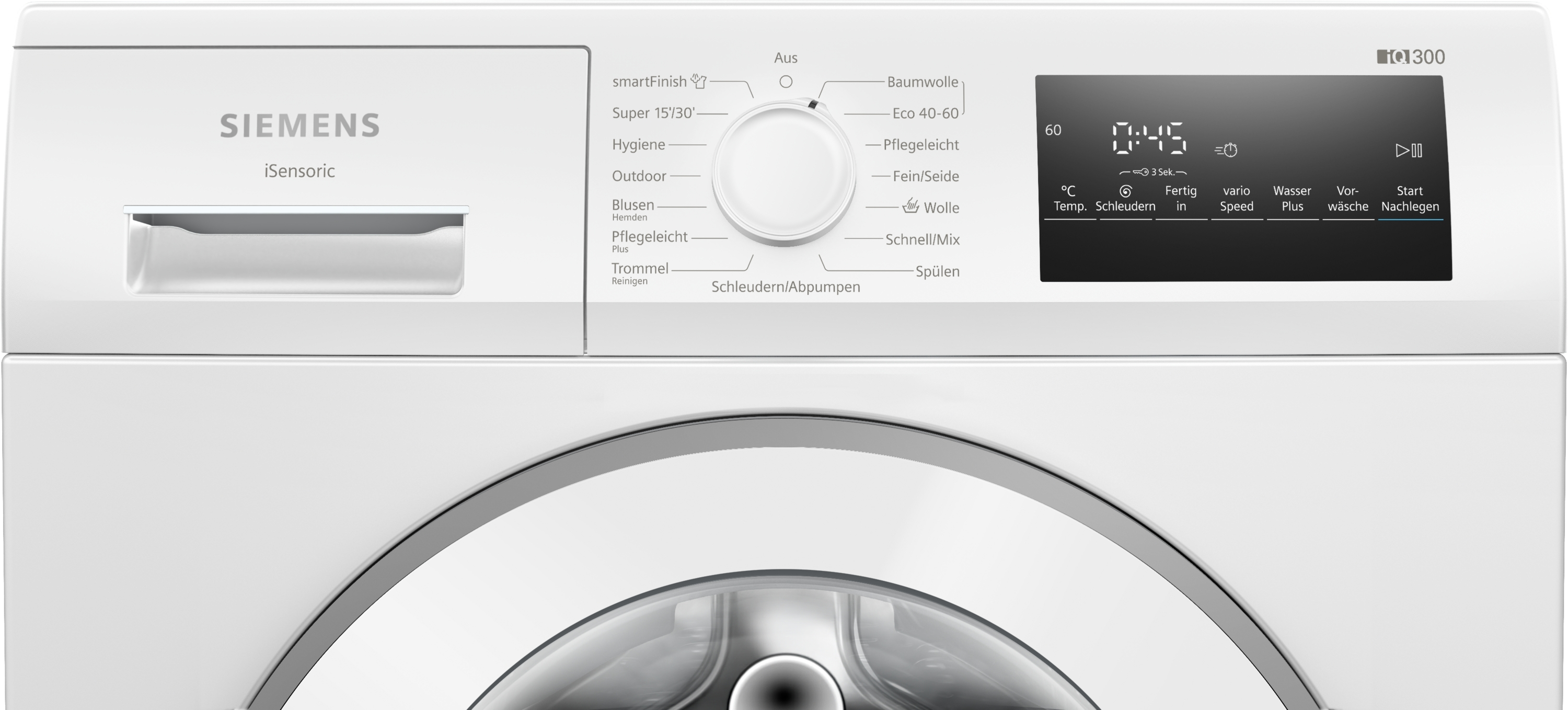 Eine weiße Siemens Waschmaschine mit digitalem Display und Drehknopf.