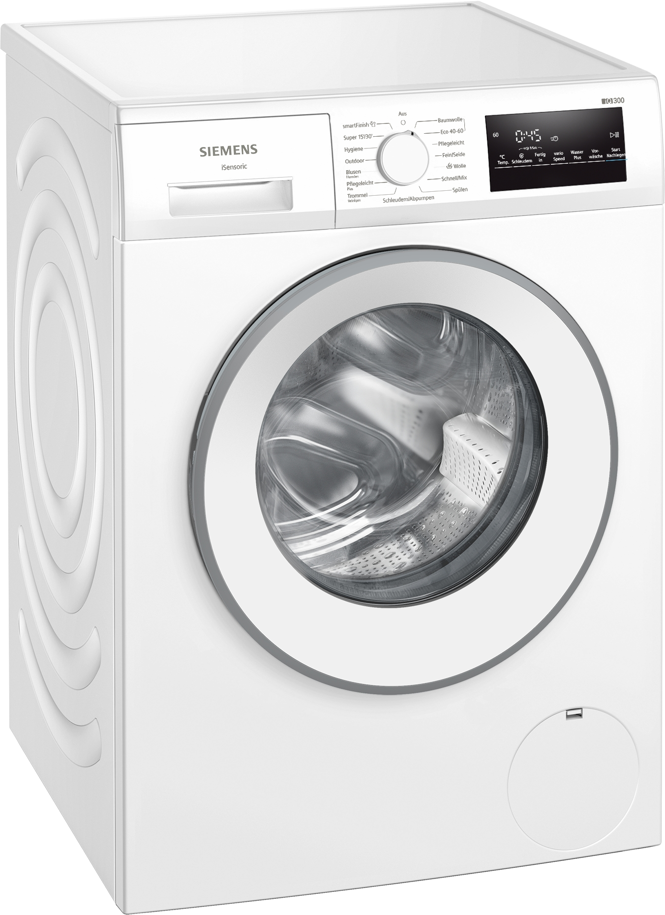 Eine weiße Siemens Waschmaschine mit digitalem Display und runder Tür.