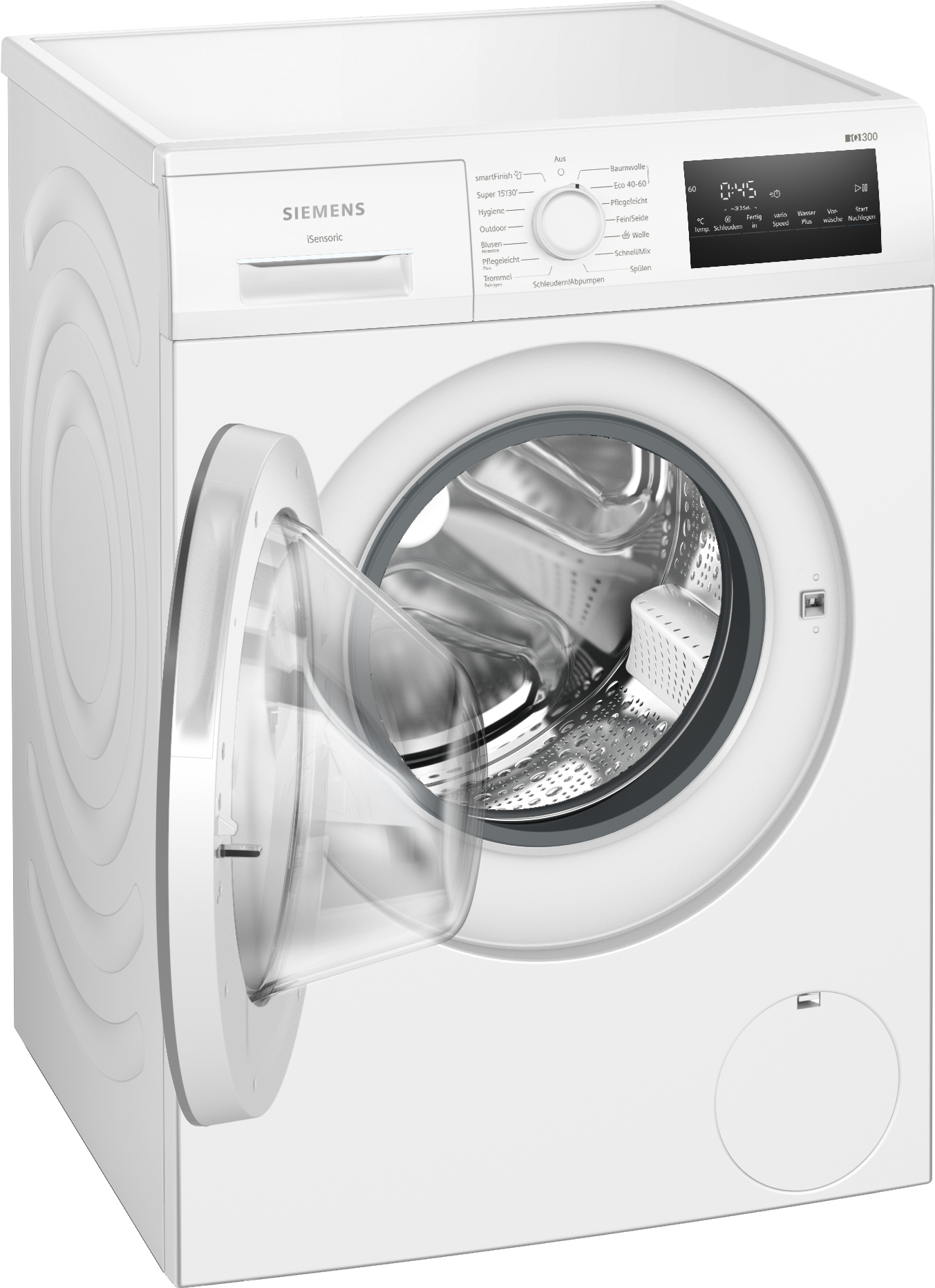 Weiße Siemens Waschmaschine mit offener Tür und digitaler Anzeige.