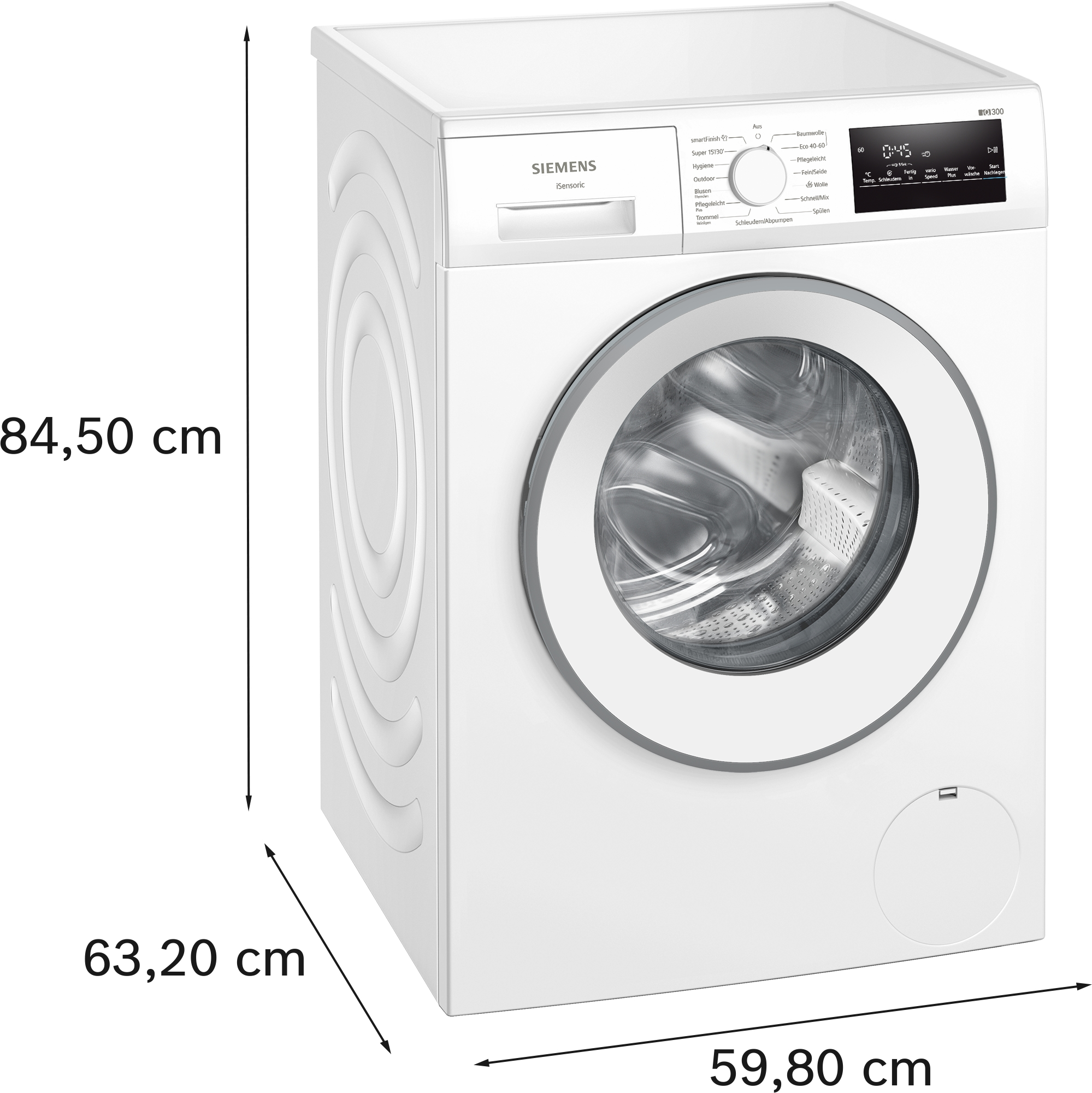 Eine weiße Siemens Waschmaschine mit silbernem Bullauge und Bedienfeld.