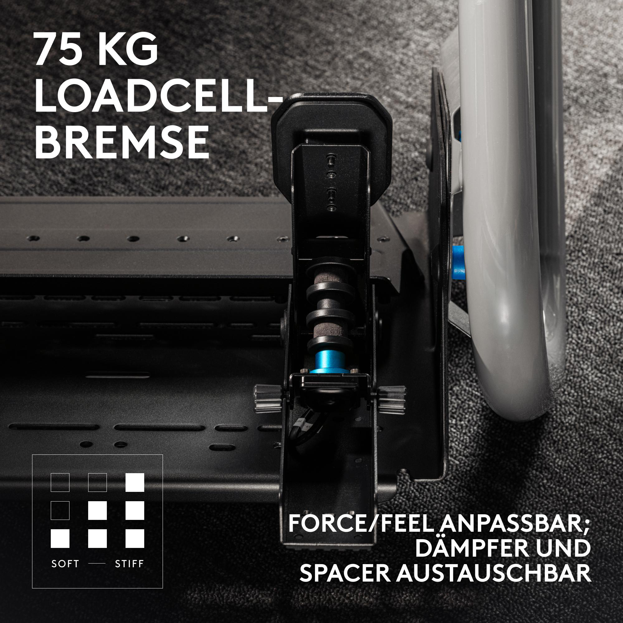 75 kg Loadcell-Bremse mit anpassbarer Kraft/Feeling und austauschbaren Dämpfern.