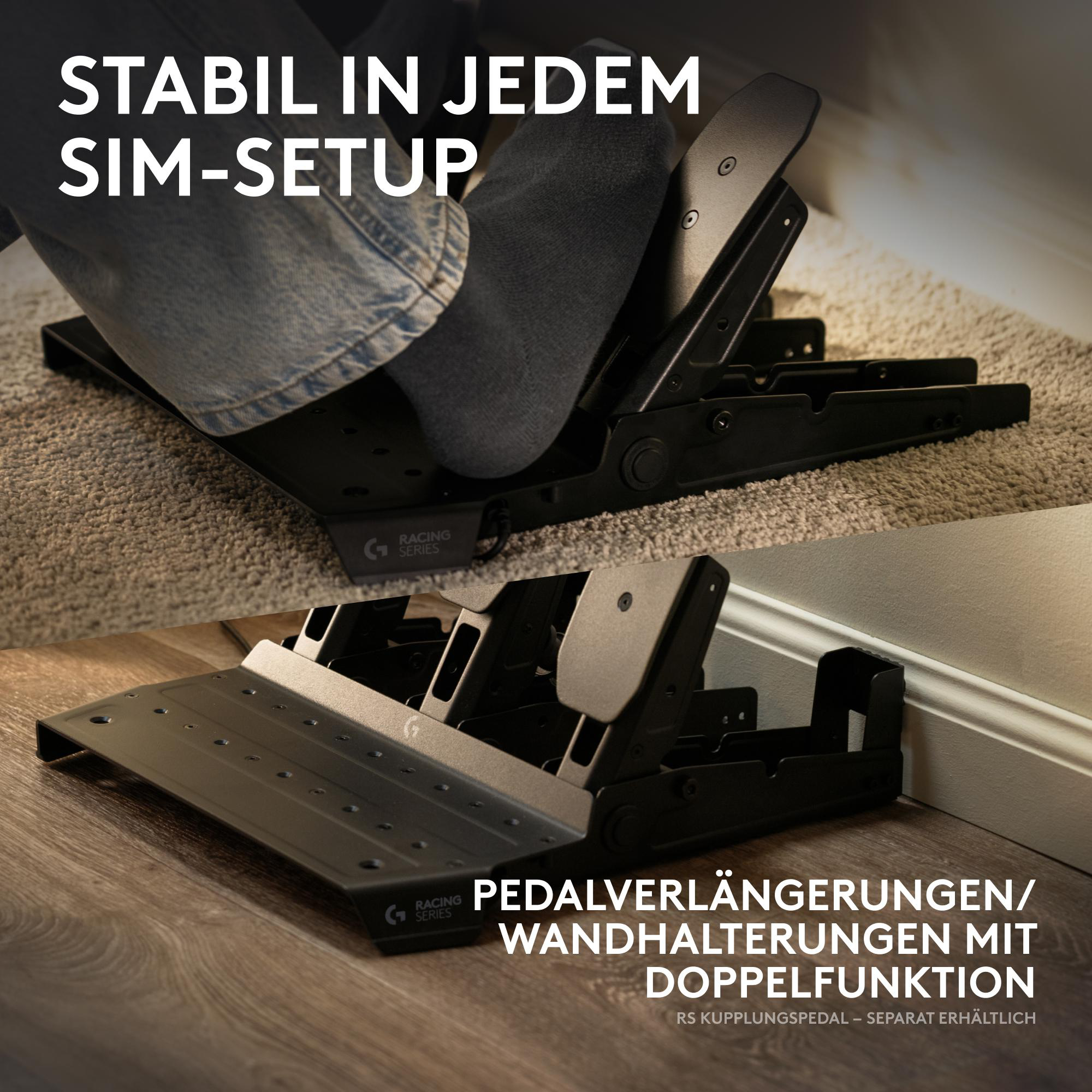 Füße in Jeans und Socken auf schwarzen Gaming-Pedalen im Sim-Setup.