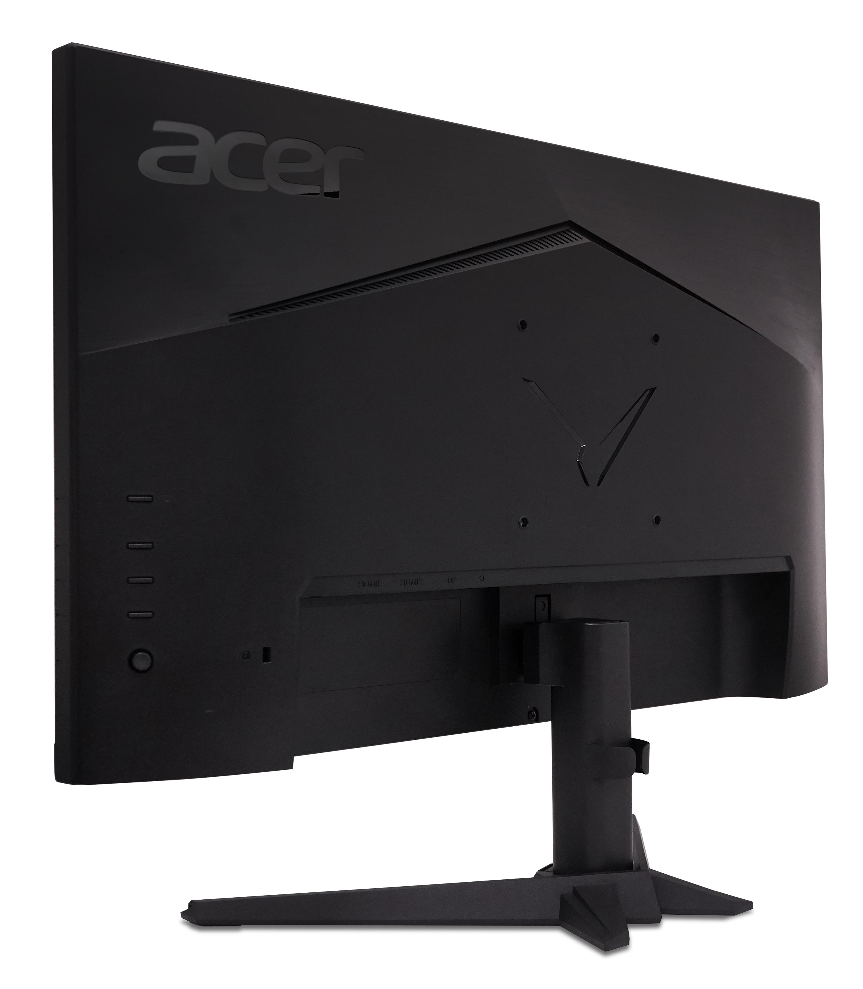 Rückseite eines schwarzen Acer-Monitors mit Anschlüssen und einem V-förmigen Design.