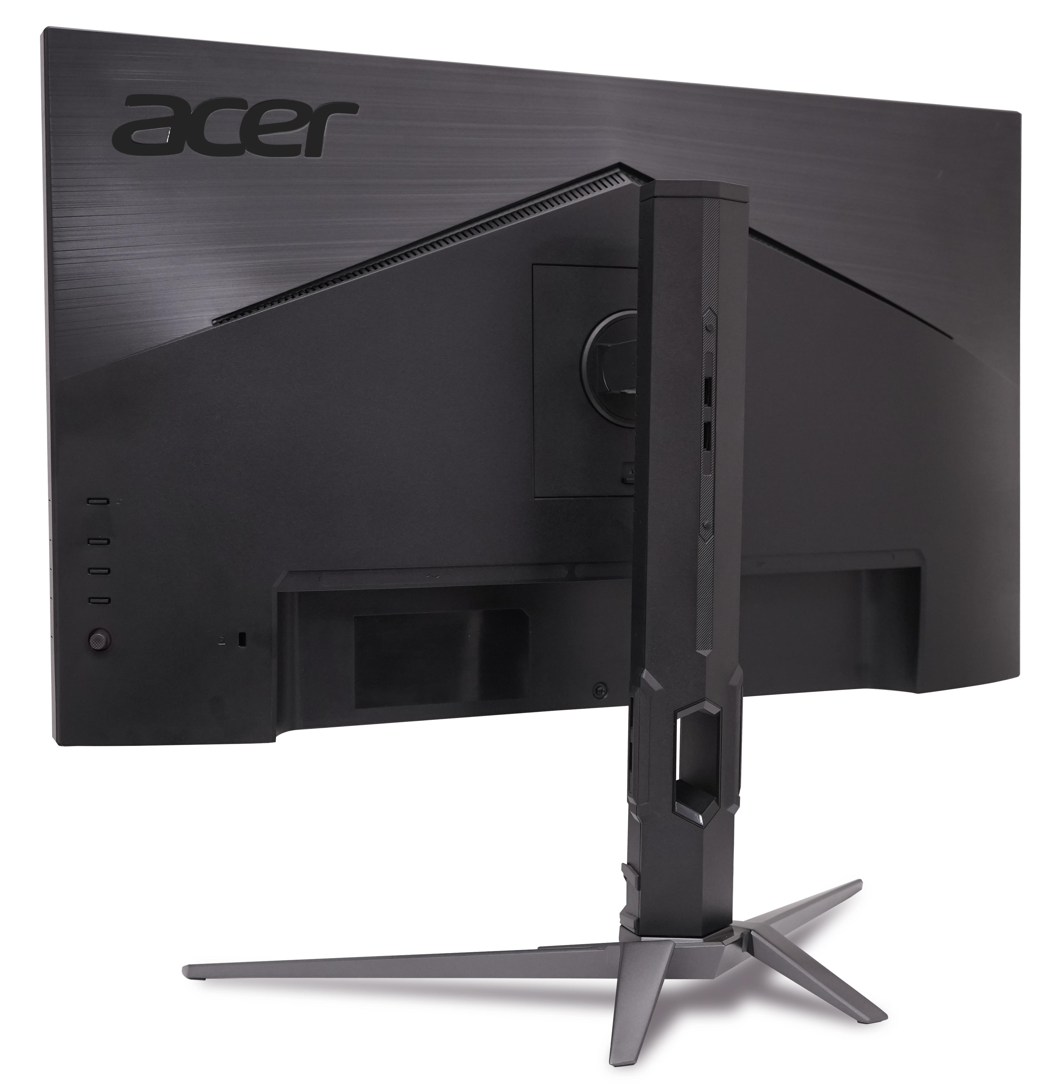 Rückseite eines schwarzen Acer Monitors mit einem X-förmigen Ständer.