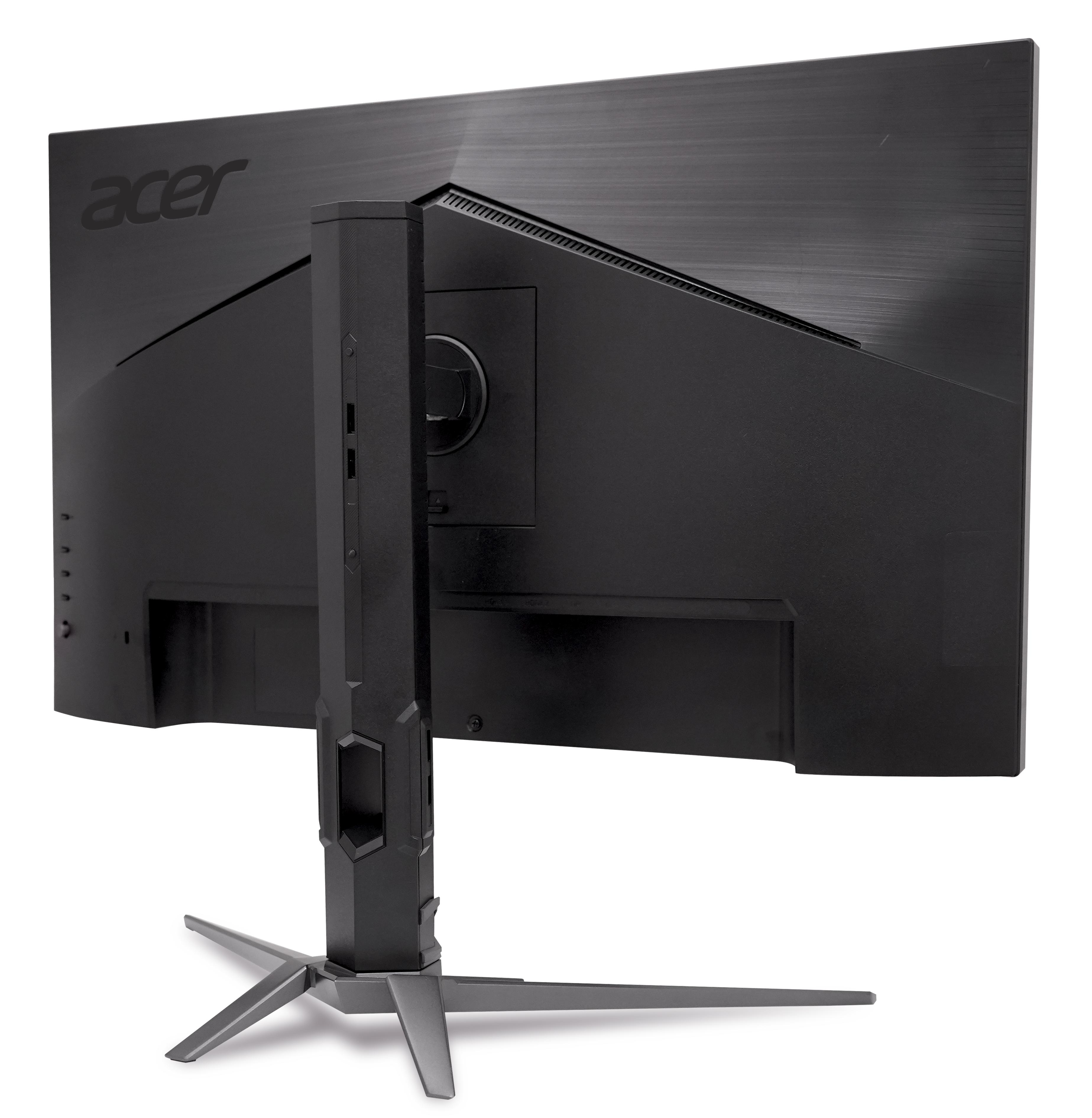 Rückansicht eines schwarzen Acer-Monitors mit metallischem Ständer.