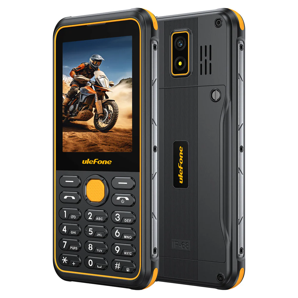 Ulefone telefon motoros biciklistával a képernyőn, és strapabíró hátlap kamerával.