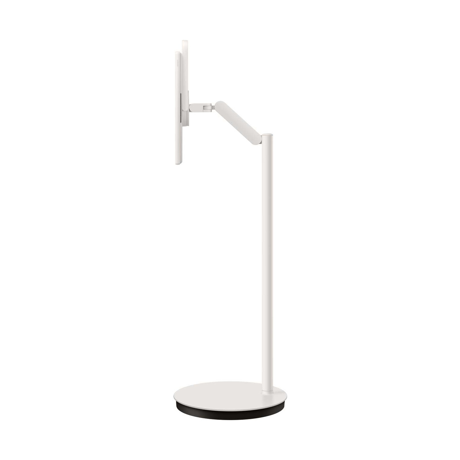Un braccio per monitor bianco con base rotonda su sfondo bianco.