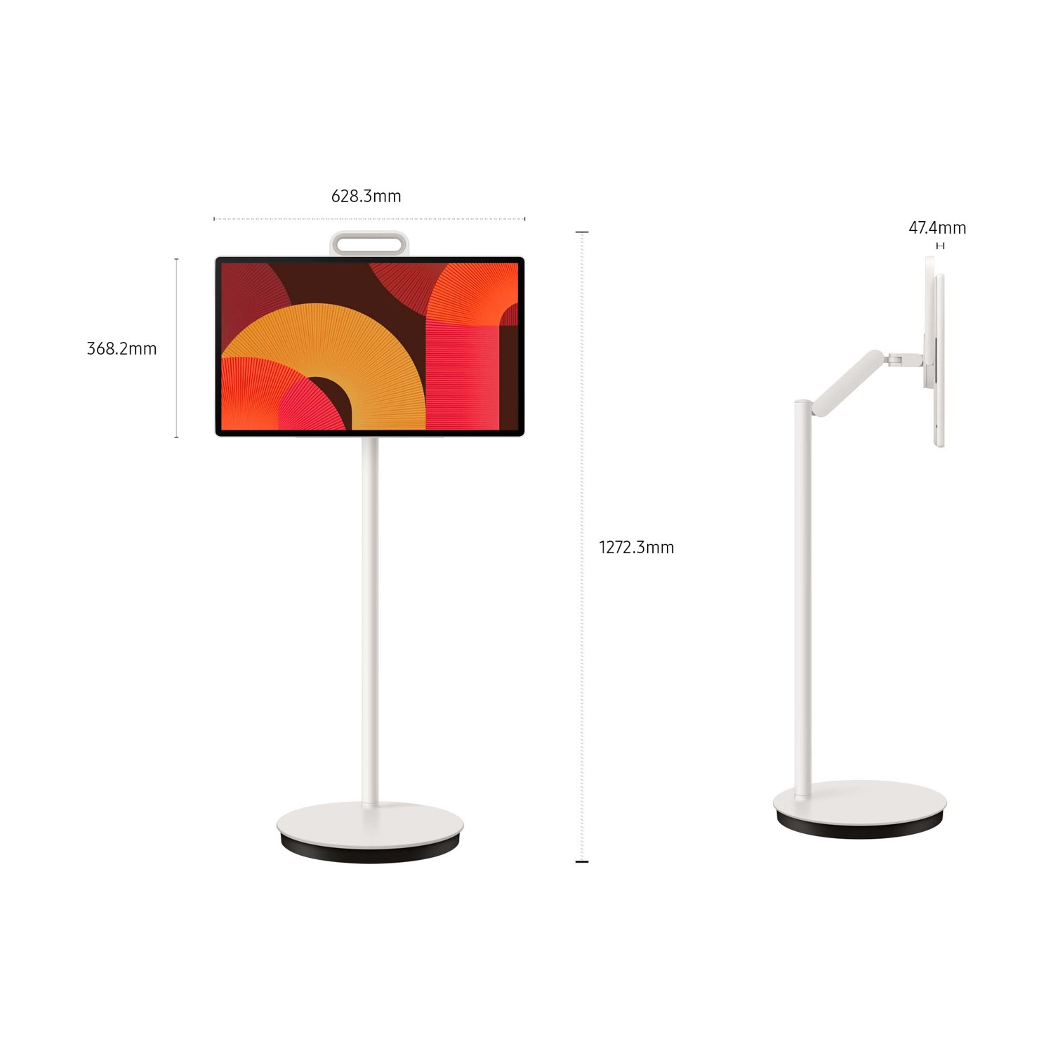 Un supporto da terra bianco con supporto schermo e schermo. Dimensioni indicate.