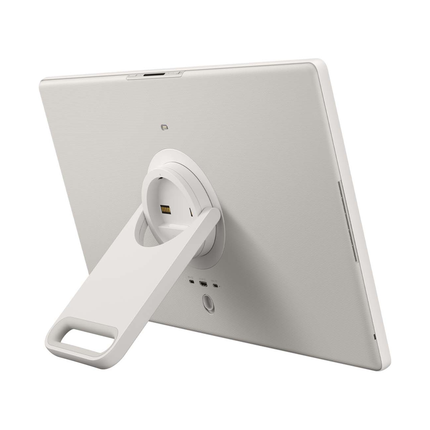 Retro bianco del tablet con supporto integrato e porte.