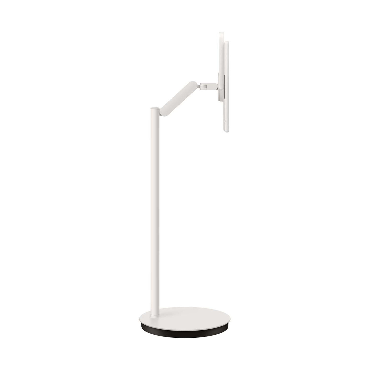 Un braccio per monitor bianco con base rotonda su sfondo bianco.