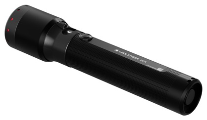 Egy fekete LED-es zseblámpa piros jelzőfényekkel a fején, fehér háttéren.