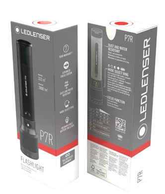 Ledlenser P7R zseblámpa csomagolás vízálló részletekkel.
