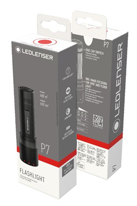 Két Ledlenser P7 zseblámpa doboz termékképekkel és részletekkel.