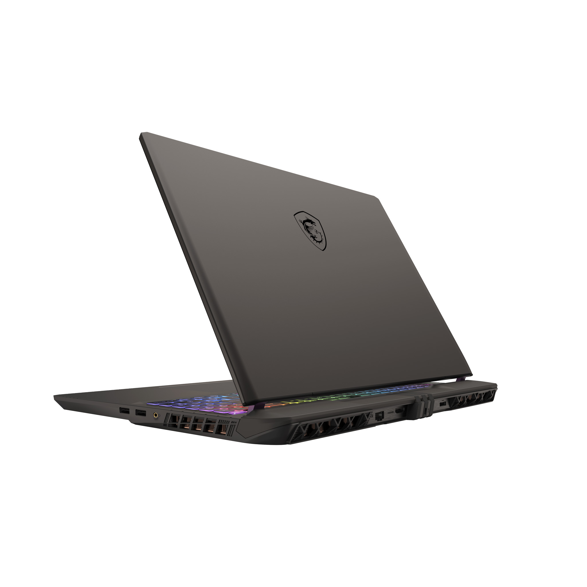 Zamknięty czarny laptop z podświetlaną klawiaturą i logo MSI.