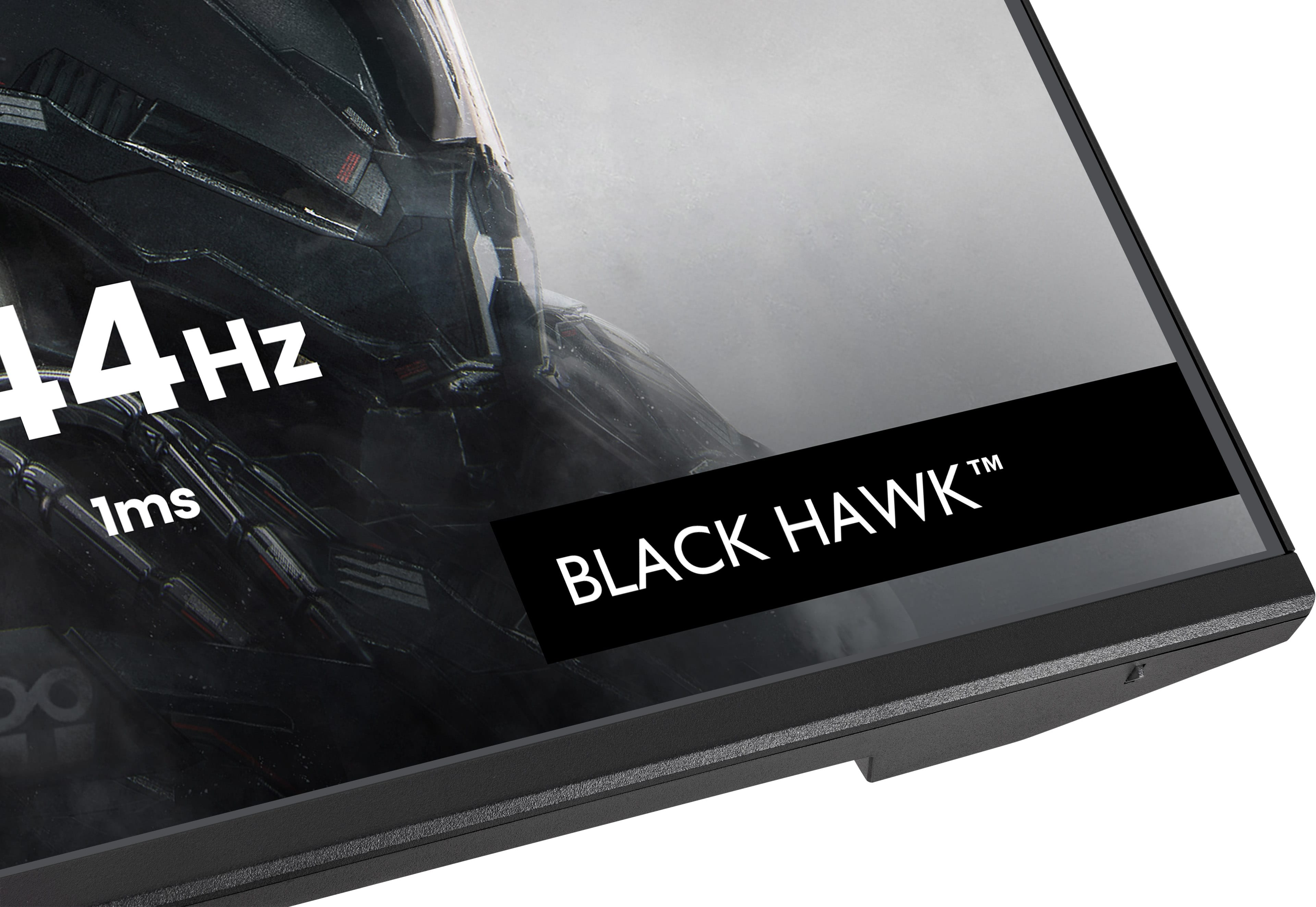 Monitor wyświetla 144 Hz i 1 ms z logo "BLACK HAWK".