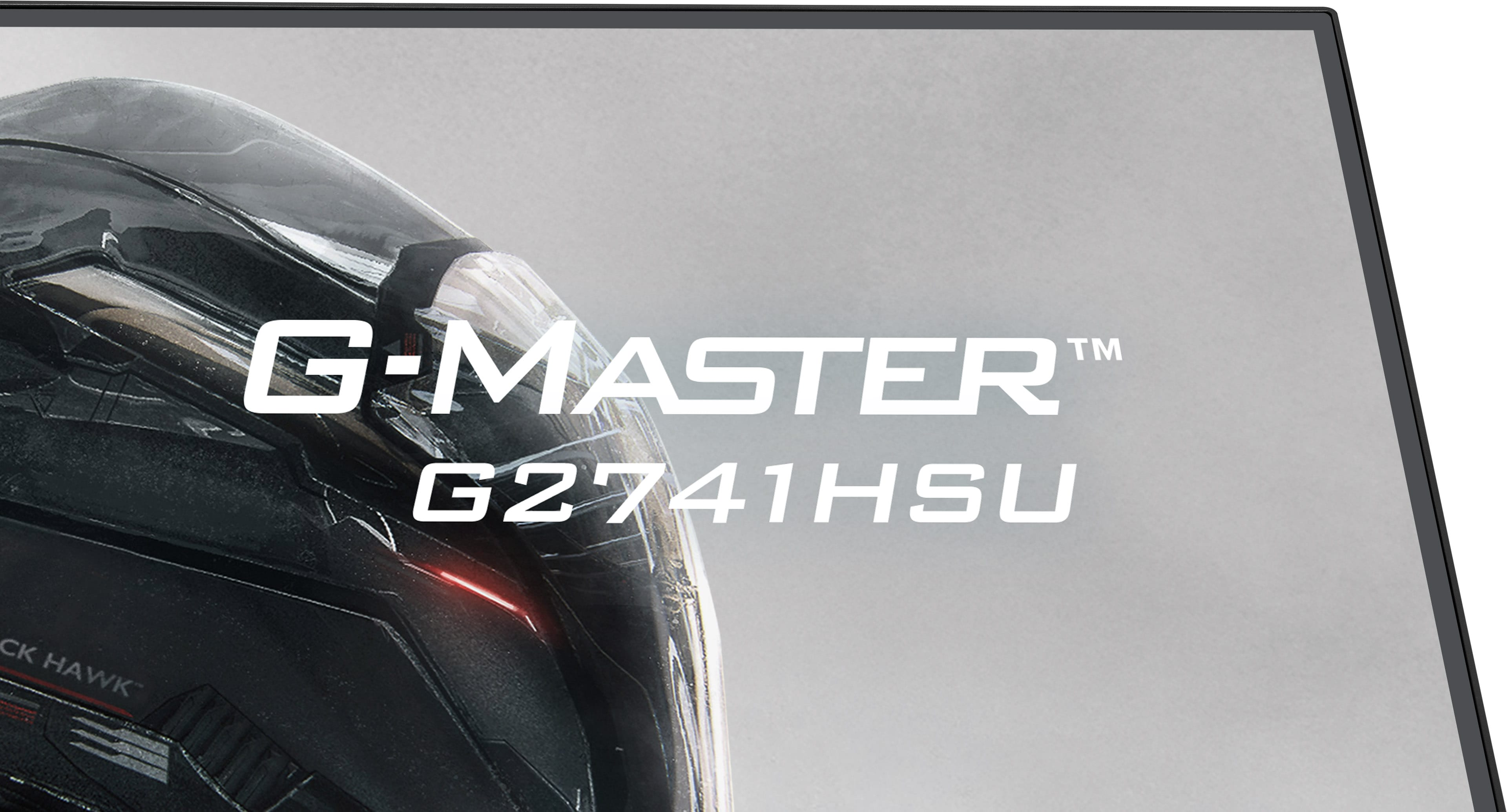Zbliżenie czarnego monitora z tekstem G-MASTER G2741HSU.