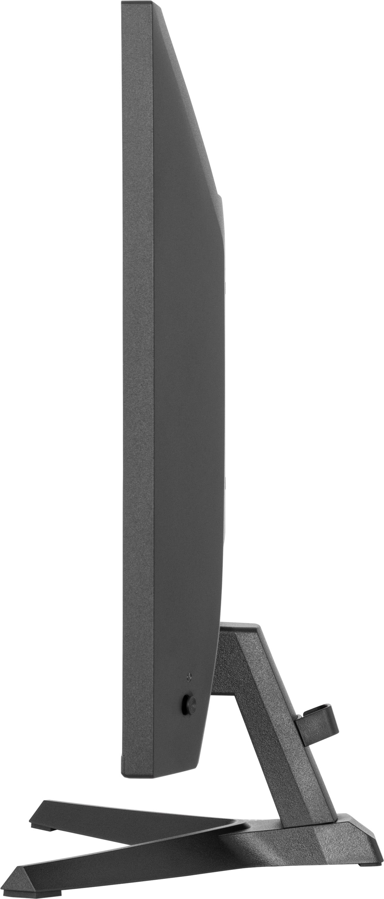 Widok z boku czarnego monitora ze stabilną podstawą na białym tle.