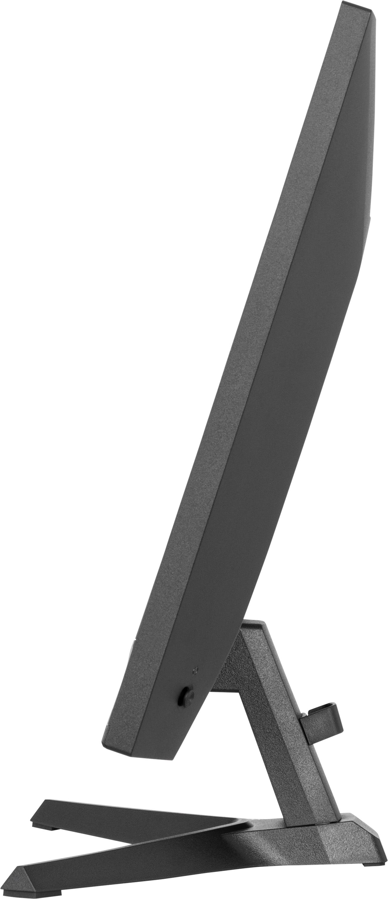 Czarny monitor stoi na podstawce na białym tle.