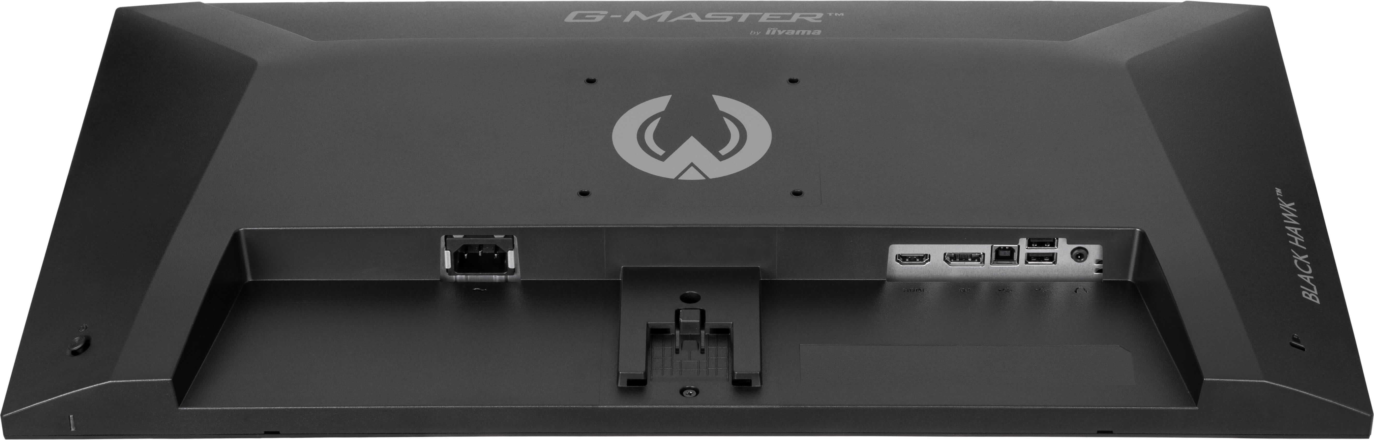 Tył czarnego monitora z portami takimi jak HDMI, USB i wejście zasilania.