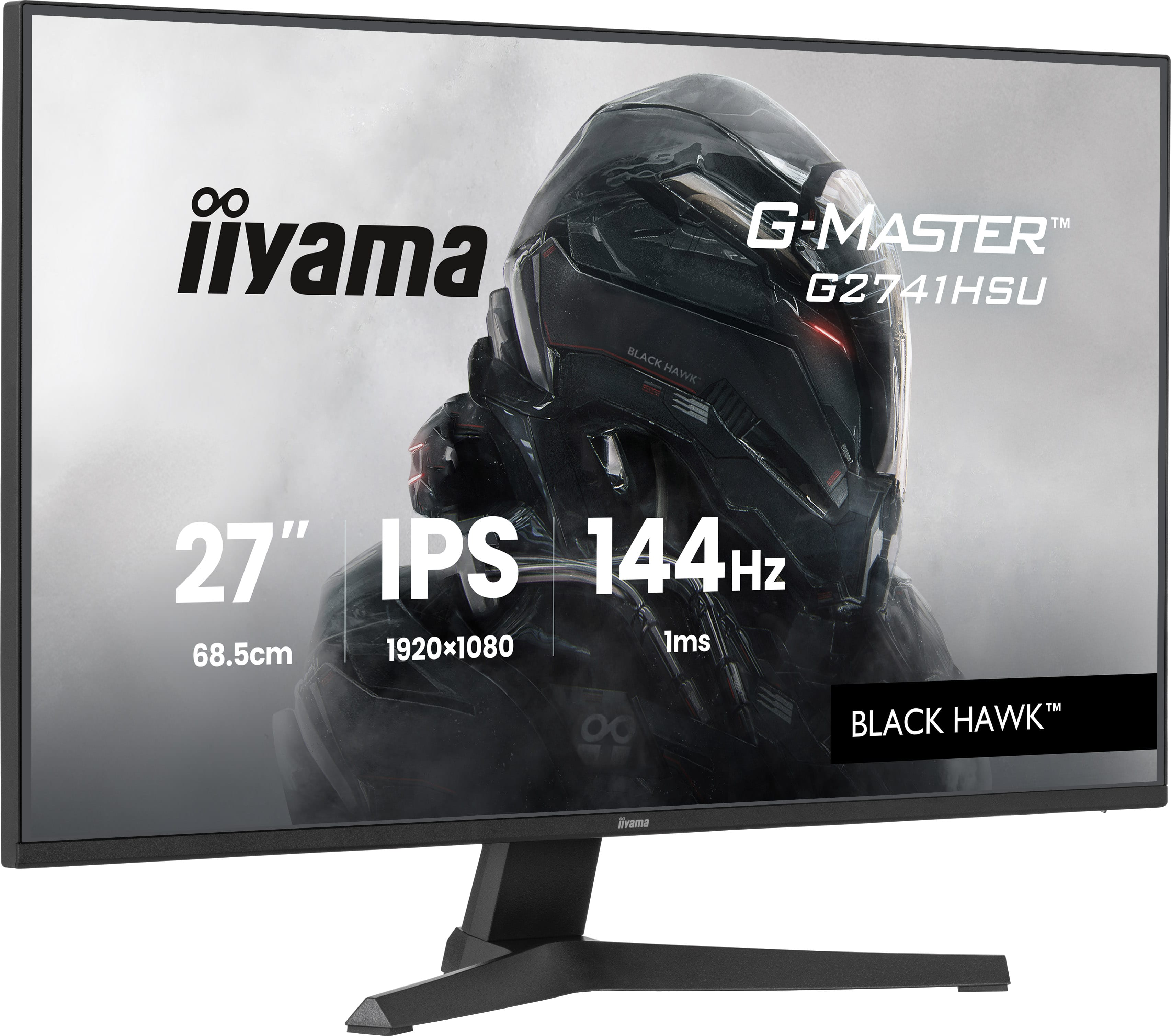 Monitor 27’’ z czarnym kaskiem, 144Hz, 1ms, rozdzielczość 1920x1080.