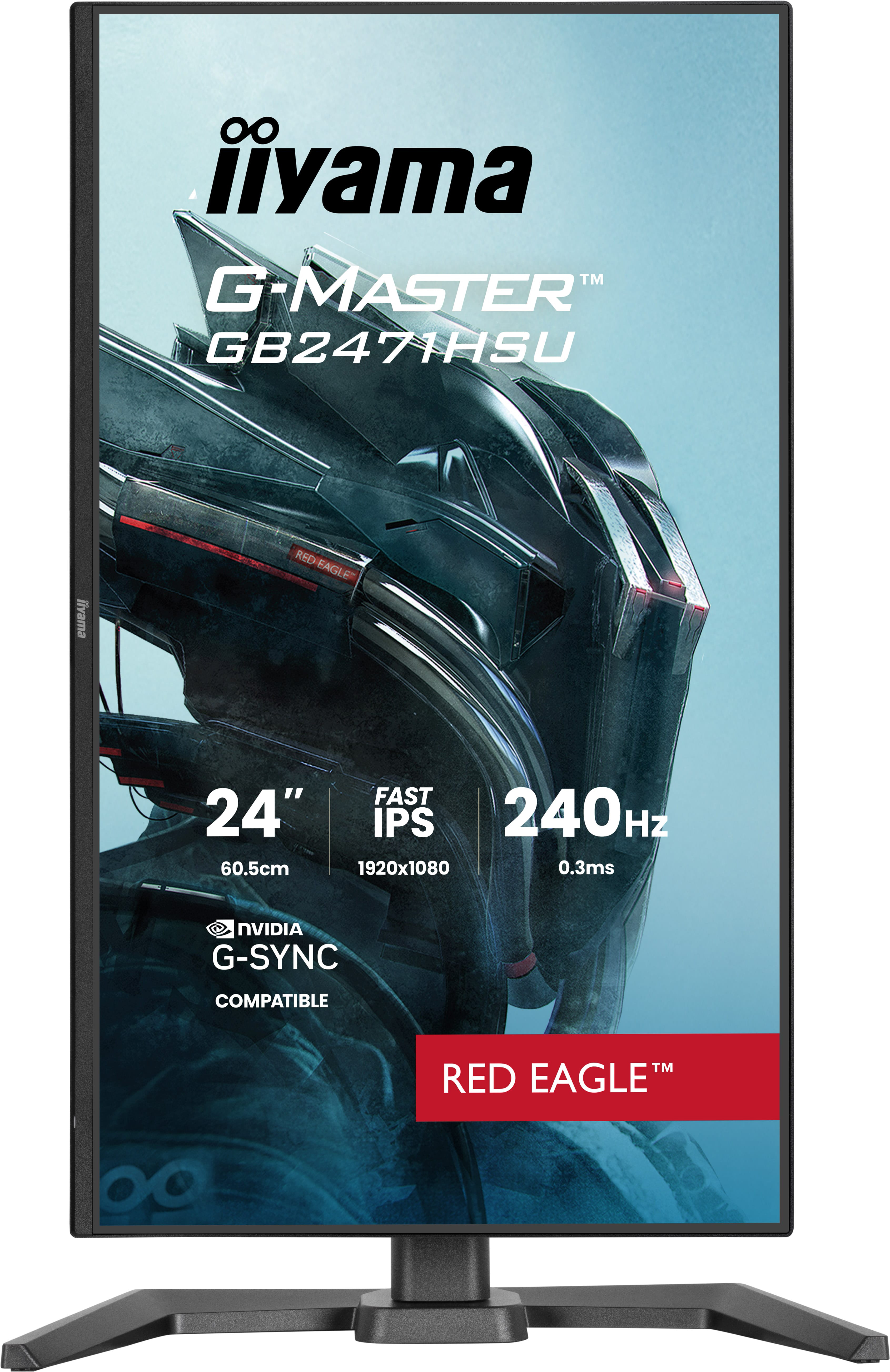 Czarny 24-calowy monitor gamingowy Iiyama z designem Red Eagle i specyfikacjami.