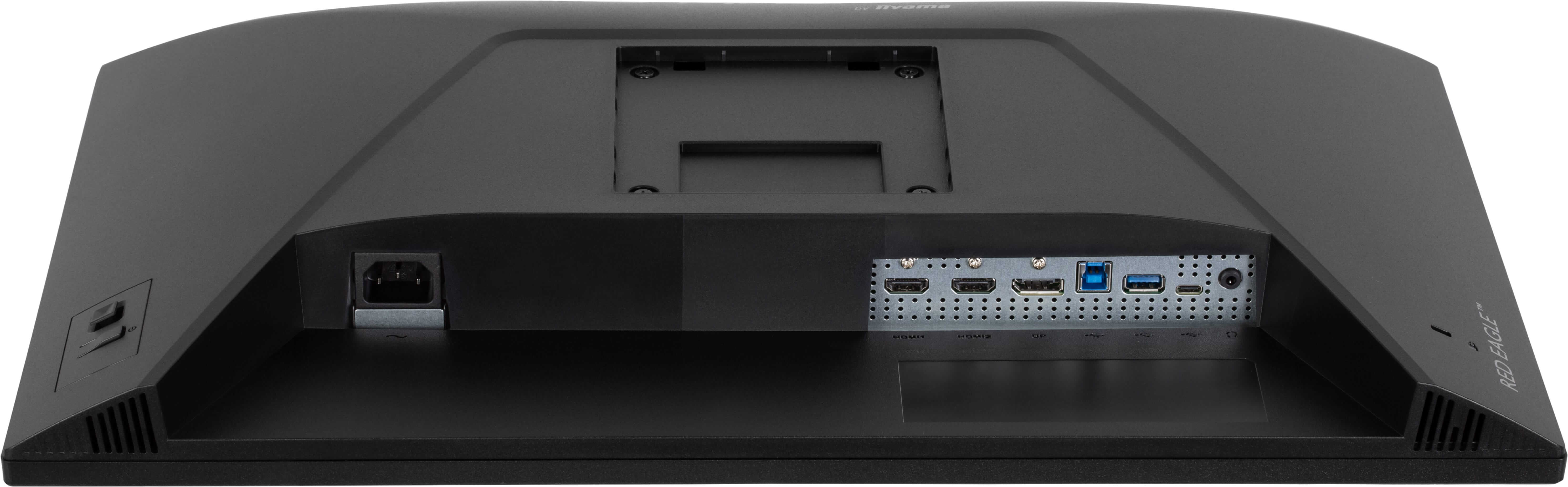 Tył czarnego monitora z portami: Zasilanie, 2x HDMI, DP, USB-A, USB-C, Audio.