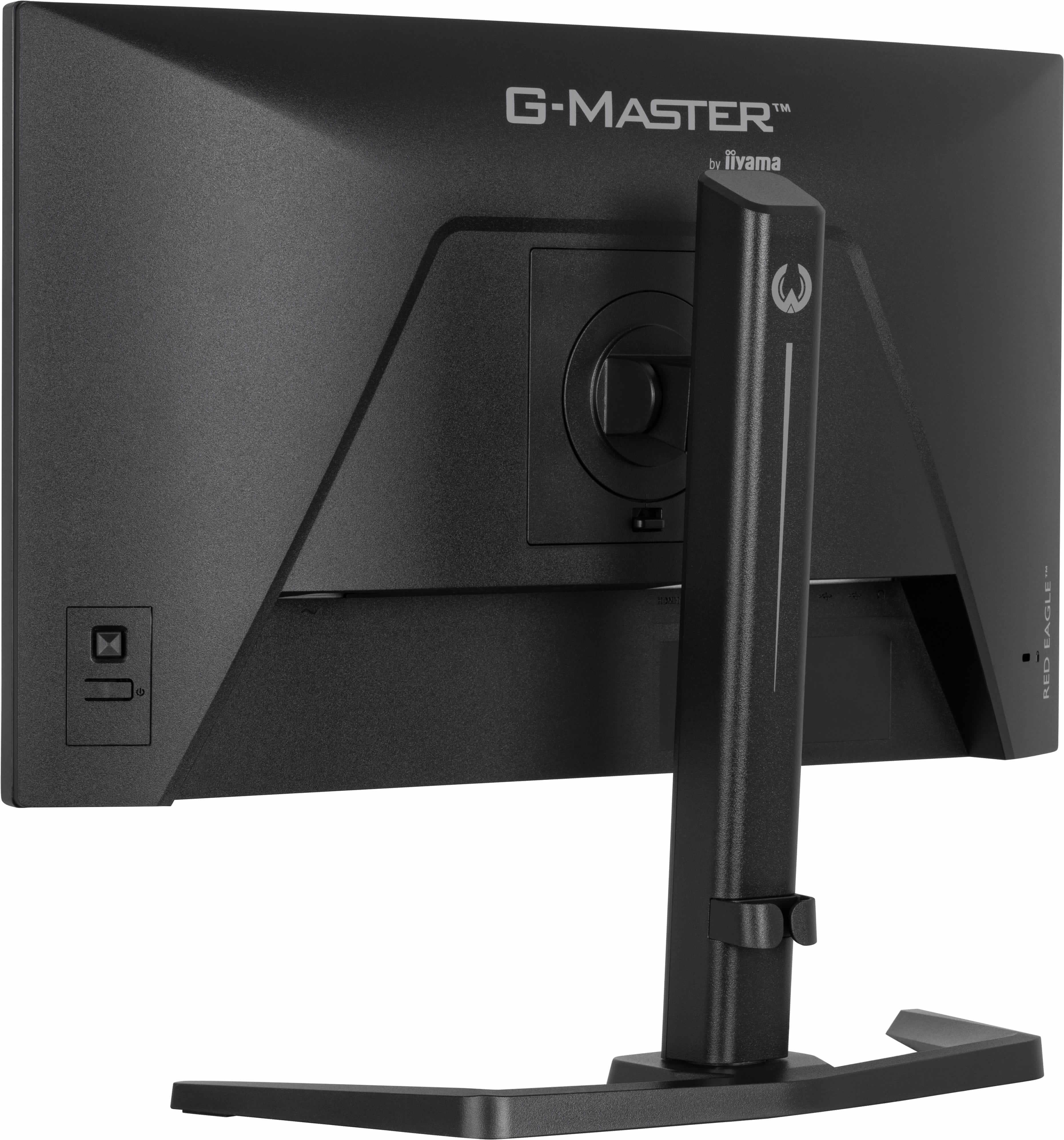 Tył czarnego monitora G-Master z logo iiyama i podstawką.