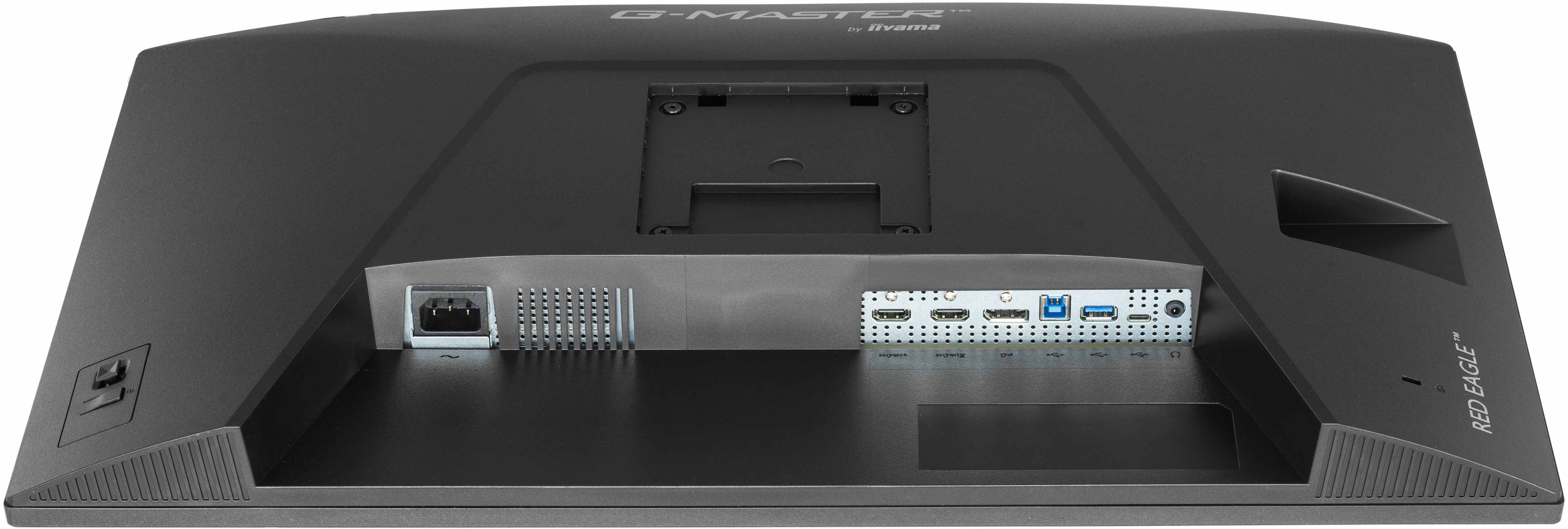 Tył czarnego monitora z portami: zasilanie, 2x HDMI, DP, 2x USB, USB-C, audio.