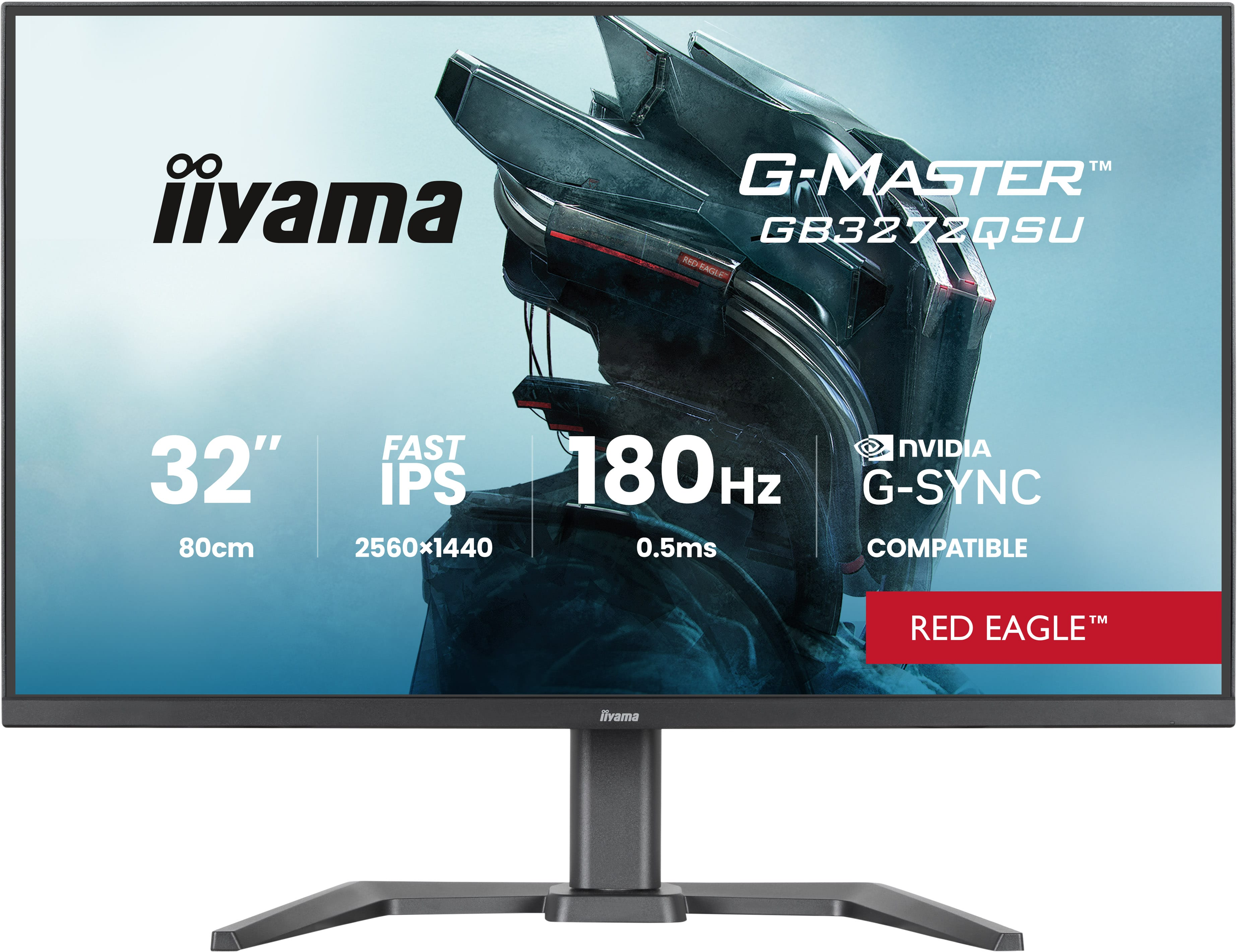 Srebrny monitor gamingowy z czerwonym akcentem „Red Eagle”.