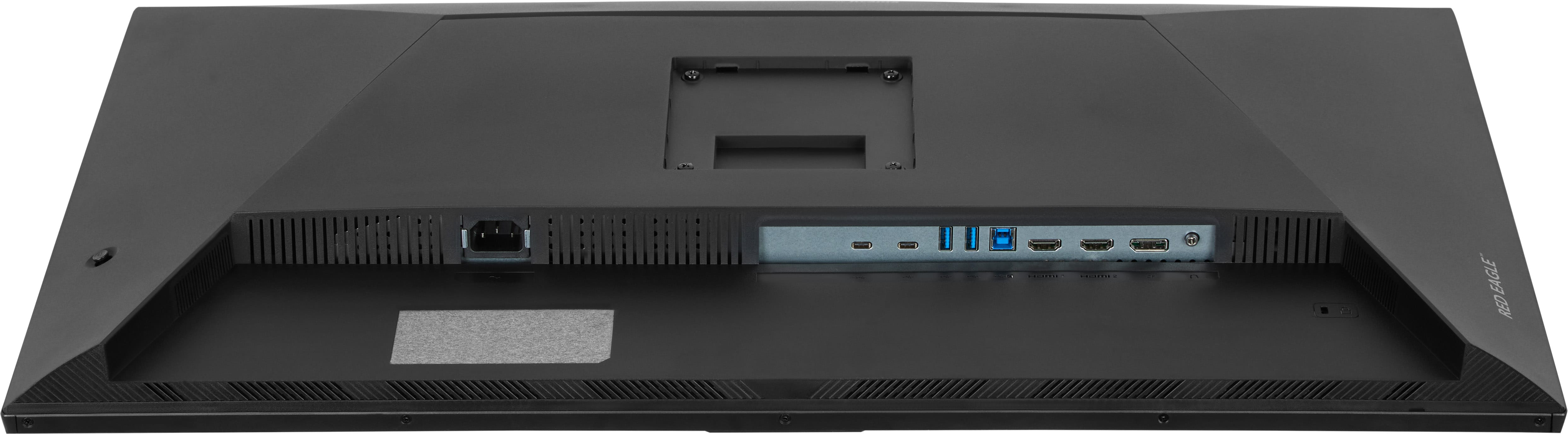 Tył czarnego monitora z portami zasilania, USB-C, USB-A i HDMI.