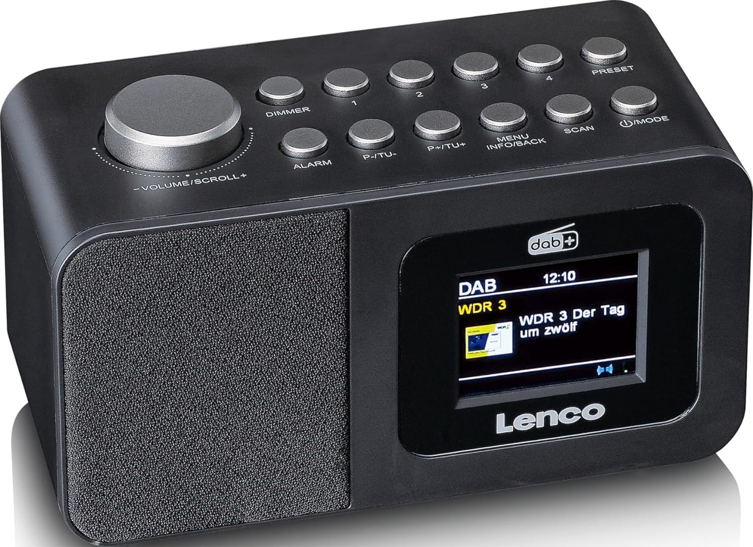 Une radio DAB+ noire avec logo Lenco et un écran affichant "WDR 3".