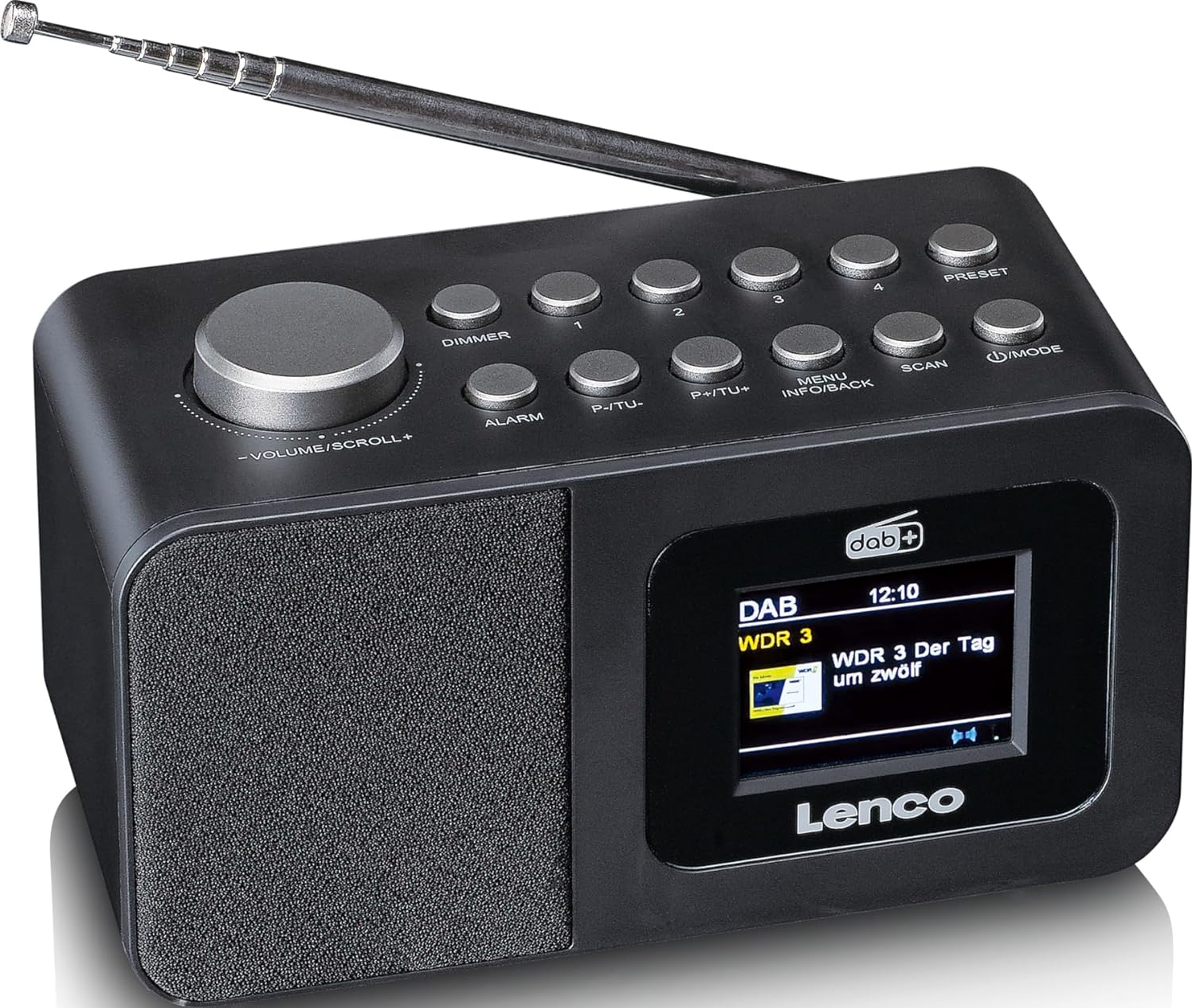 Une radio Lenco DAB+ noire avec antenne télescopique argentée et écran.