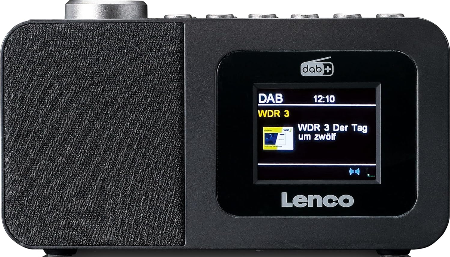 Radio DAB+ Lenco noire avec bouton argenté et écran.