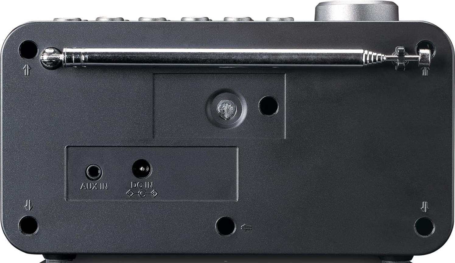 Arrière d'une radio noire avec antenne extensible et ports.