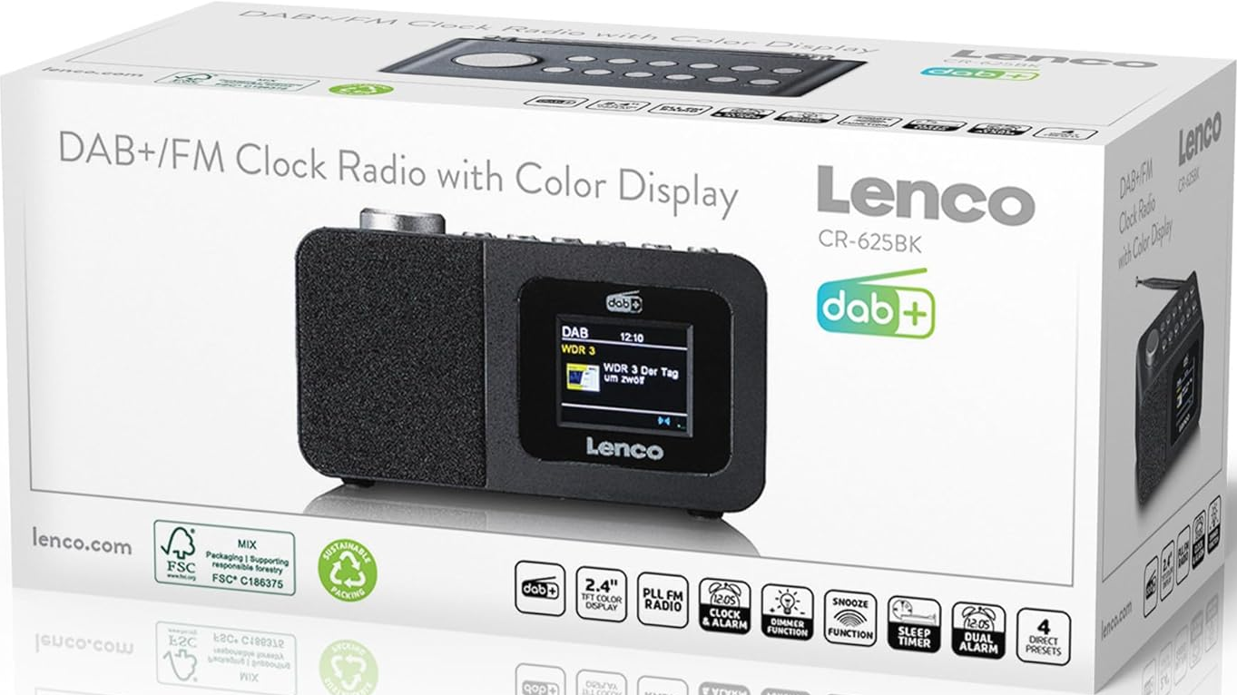 Boîte d'une radio Lenco DAB+/FM avec écran couleur, montrant une unité radio noire.