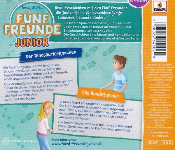 Buchcover mit Titel 'Fünf Freunde Junior'. Zwei Geschichten: Knochenfund und Hundeturnier.
