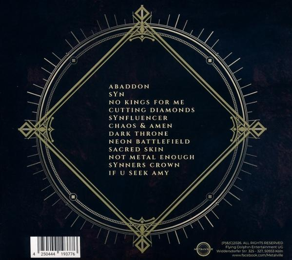 Rückseite eines Albumcovers mit Songliste und Kreisdesign.
